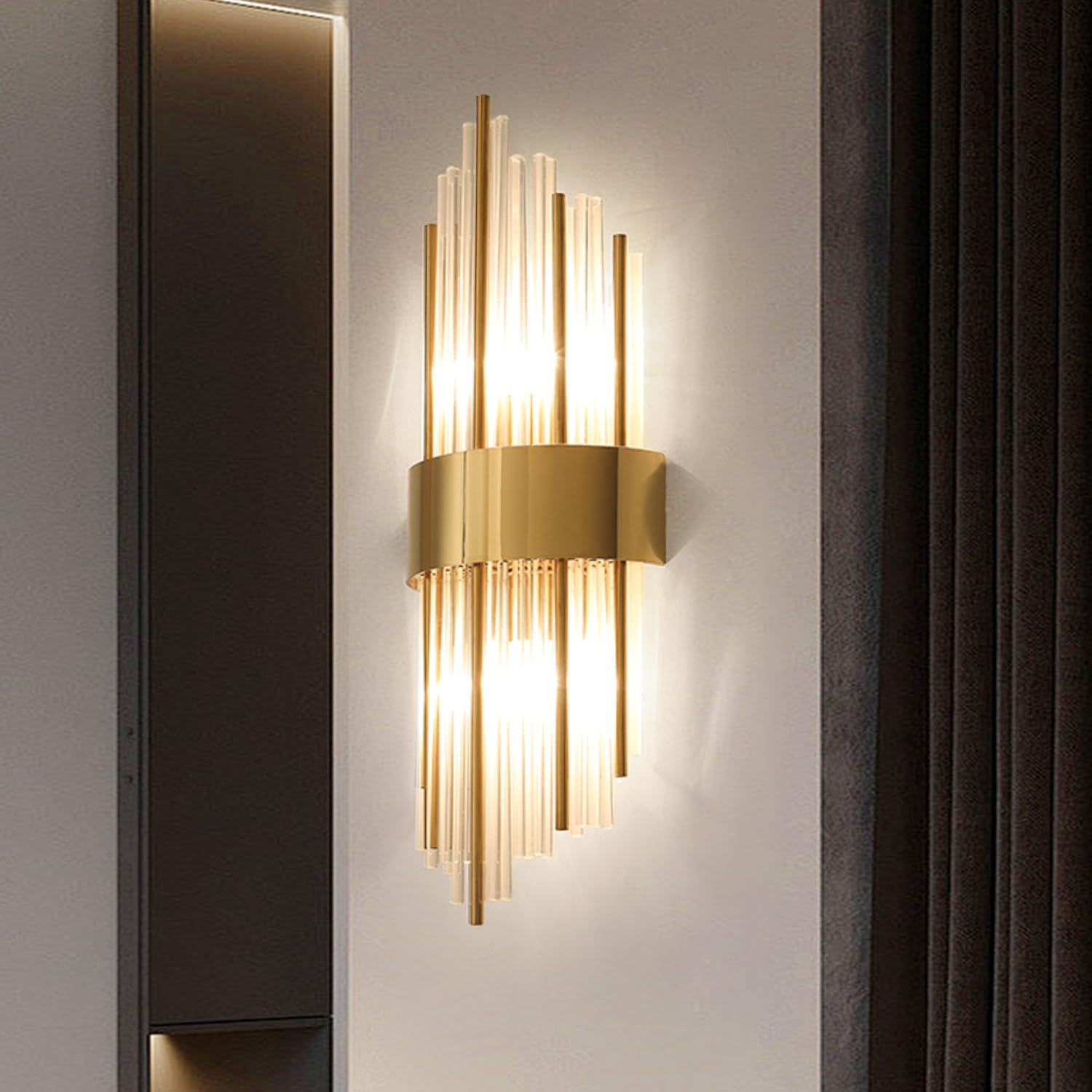 Lampada a Muro Design Tubo di Vetro, Applique Oro Vetro E14, Lampada Vintage, Applique da Parete Interno Moderno Classico per Camera da Letto Comodino