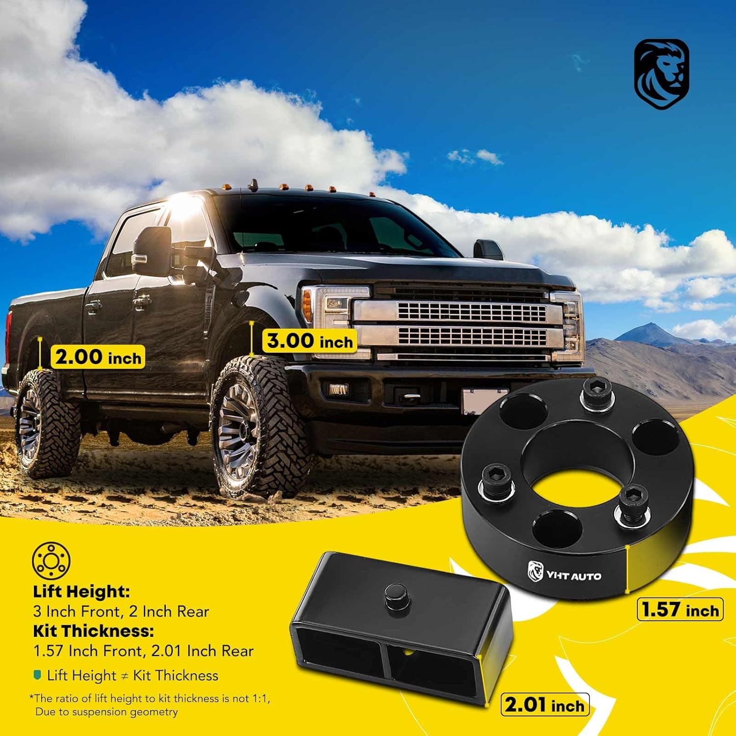 YHTAUTO 3 inch Front and 2 inch Rear Leveling Lift Kit Compatible with 2005-2023 Nissan Frontier, 2WD/4WD, Lift Blocks w/Spacers & Extended Square U-Bolts Suspension Level Kit w/Hardware Kit Set of 8