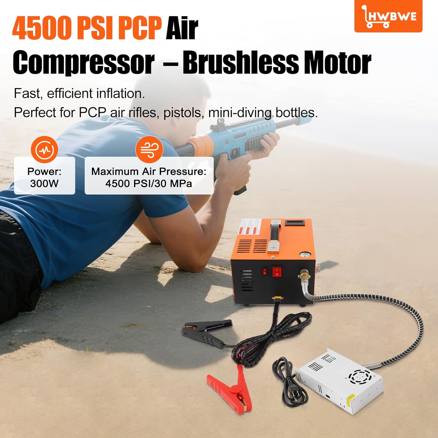 Air Compressor, 4500 PSI / 300 Bar, Fast Fill for Airguns or Paintball Tank, Auto Shut-Off, with a Transformer, Dual Power Car, Built-in Cooling Fan, 300W Portable Pcp Pump 110V AC/12V