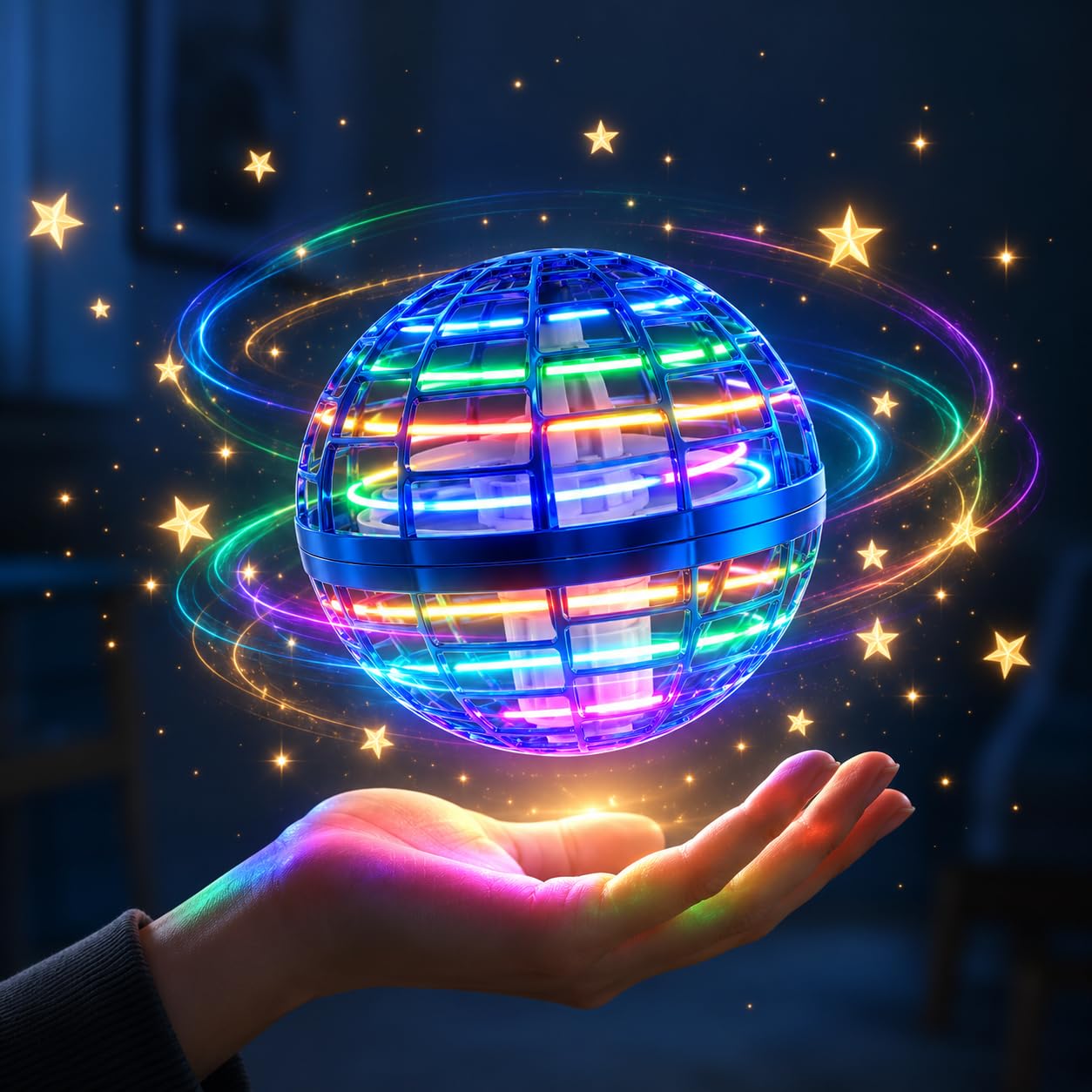 Flying Orb Ball Toy, Spinner Ball with RGB LED Lights, Hand Controlled Flying Ball, USB Rechargeable UFO Magic Orb Toy, Indoor Outdoor Gift for Kids Boys Girls