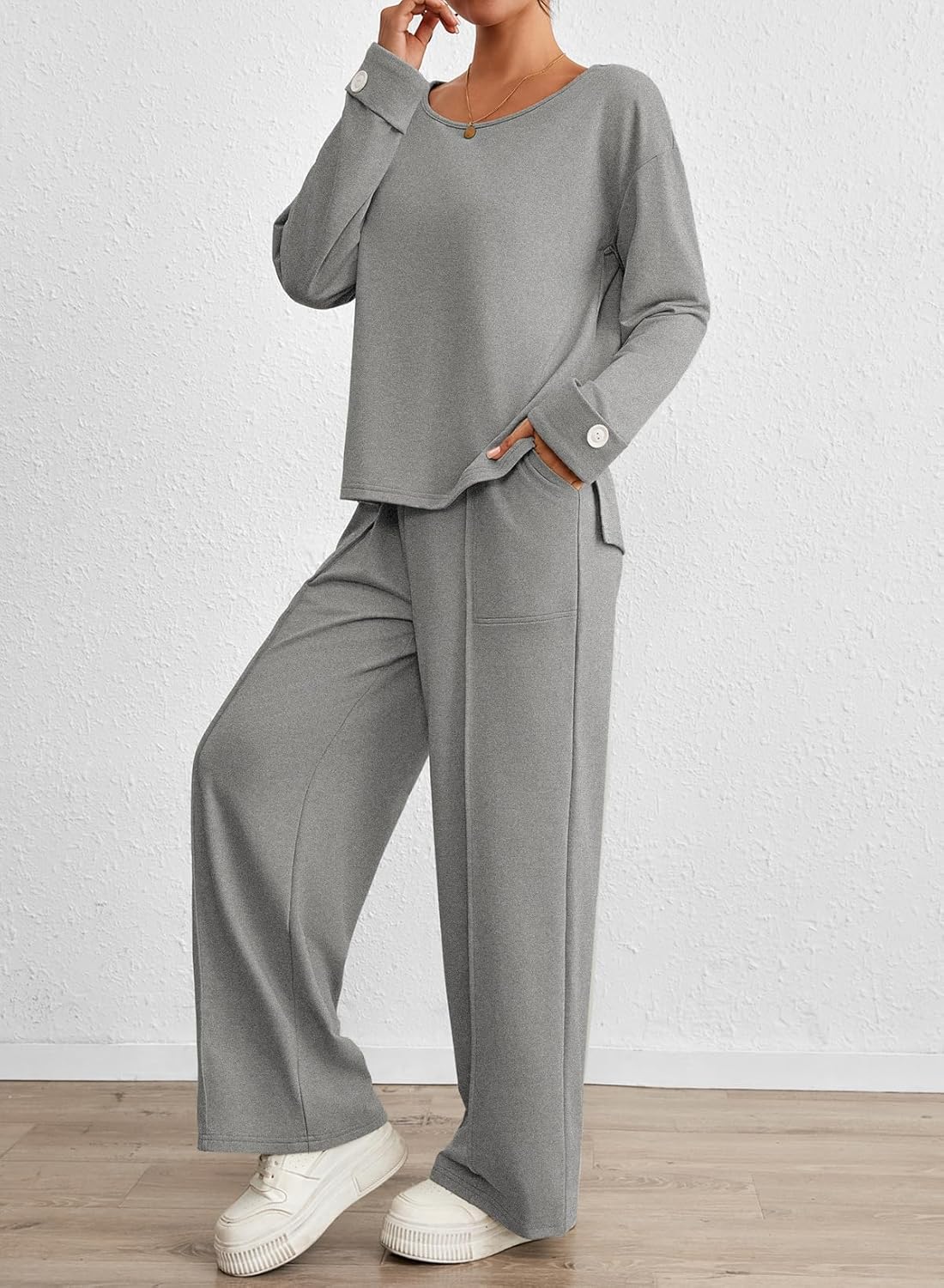 Viottiset Women's 2 Piece Set Casual Outfits Knit Top Wide Leg Sweater Long Sleeve Lounge Set Sweatsuit - Image 3