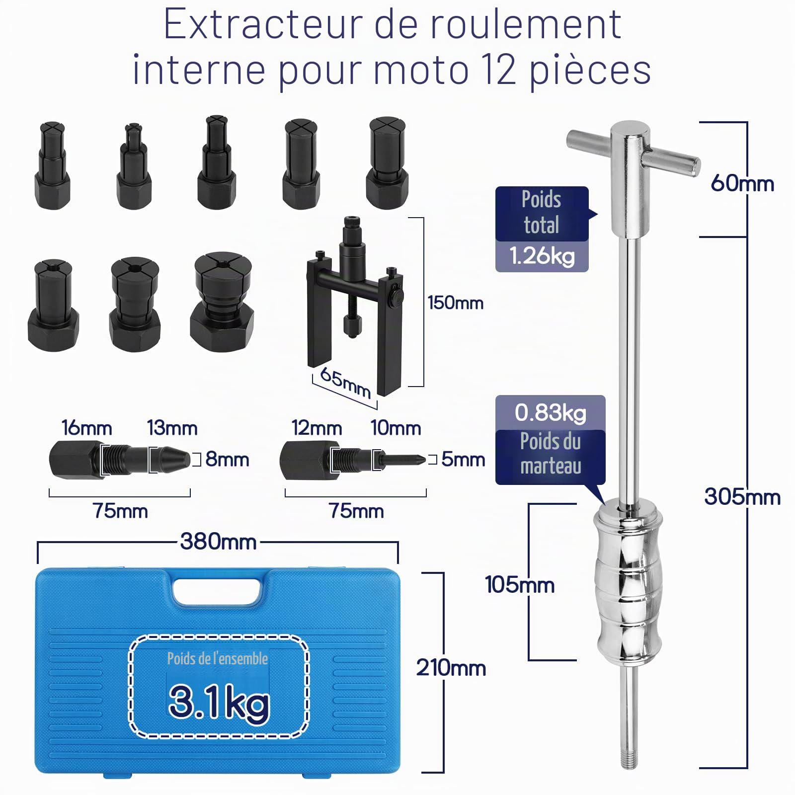 Extracteur de Roulements Upgrade, Kit Extracteur Interne avec Marteau Coulissant & Extracteur à Deux Bras, Extracteur à Marteau Coulissant avec 8 Douilles Expansibles 8–32 mm, Outil Roulement à Billes