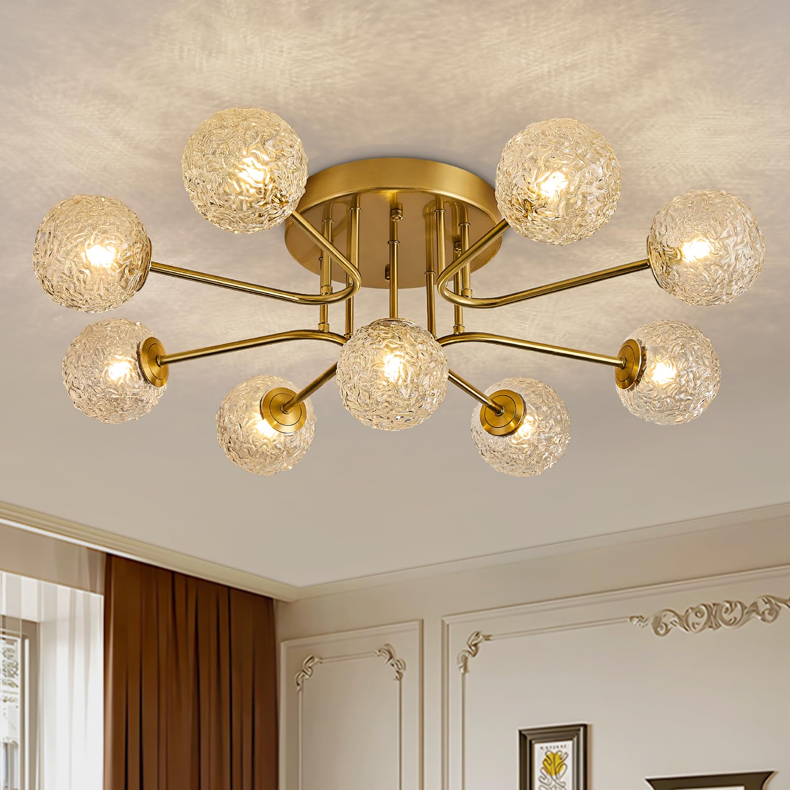 Sputnik Semi Flush Mount Ceiling Light Gold Glass Globe Chandelier Ceiling Lighting Mid Century Modern 9 Lights Bubble Chandelier for Dining Living Room Bedroom