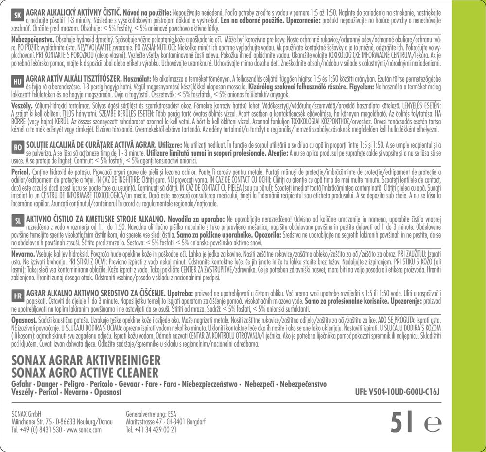 SONAX AGRAR Limpiador activo alcalino (5 litros) para la limpieza de vehículos, máquinas e instalaciones agrícolas | N.° 07265000
