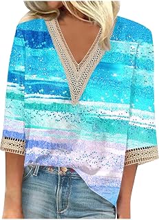 Tsamuo Tank Top for Women Loose Lace Trims Irregular Hem Feather Print Printed 3/4 Sleeve V Neck Womens Summer Tops 2023