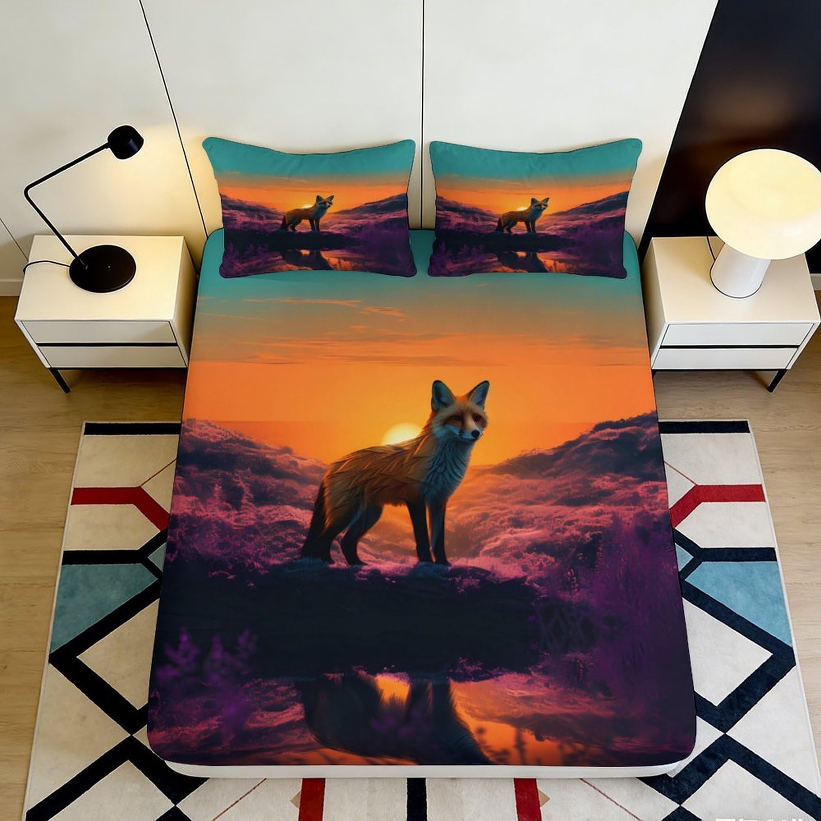 3D Printed Fox Sunset Fitted Sheet Microfiber Soft Breathable Evening Sky Bed Cover for Bedroom Dormitory Guest Room Mattress Protection Decor 140x200x25cm