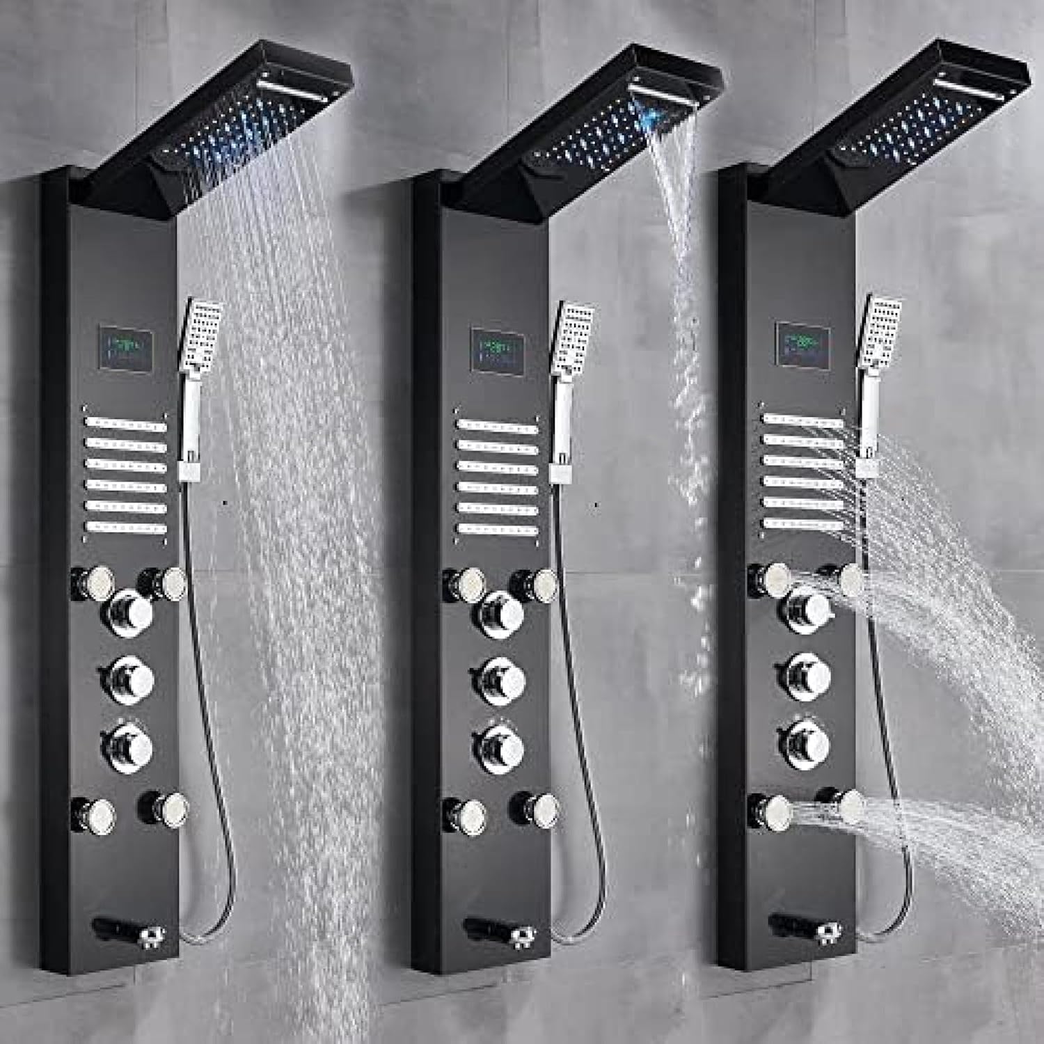 ステンレス鋼のシャワー パネル LED タワー システム レイン マッサージ ノズル ブラック 【タップシングルハンドルバスルームミキサータップホットコールドシンク】 JSHUD