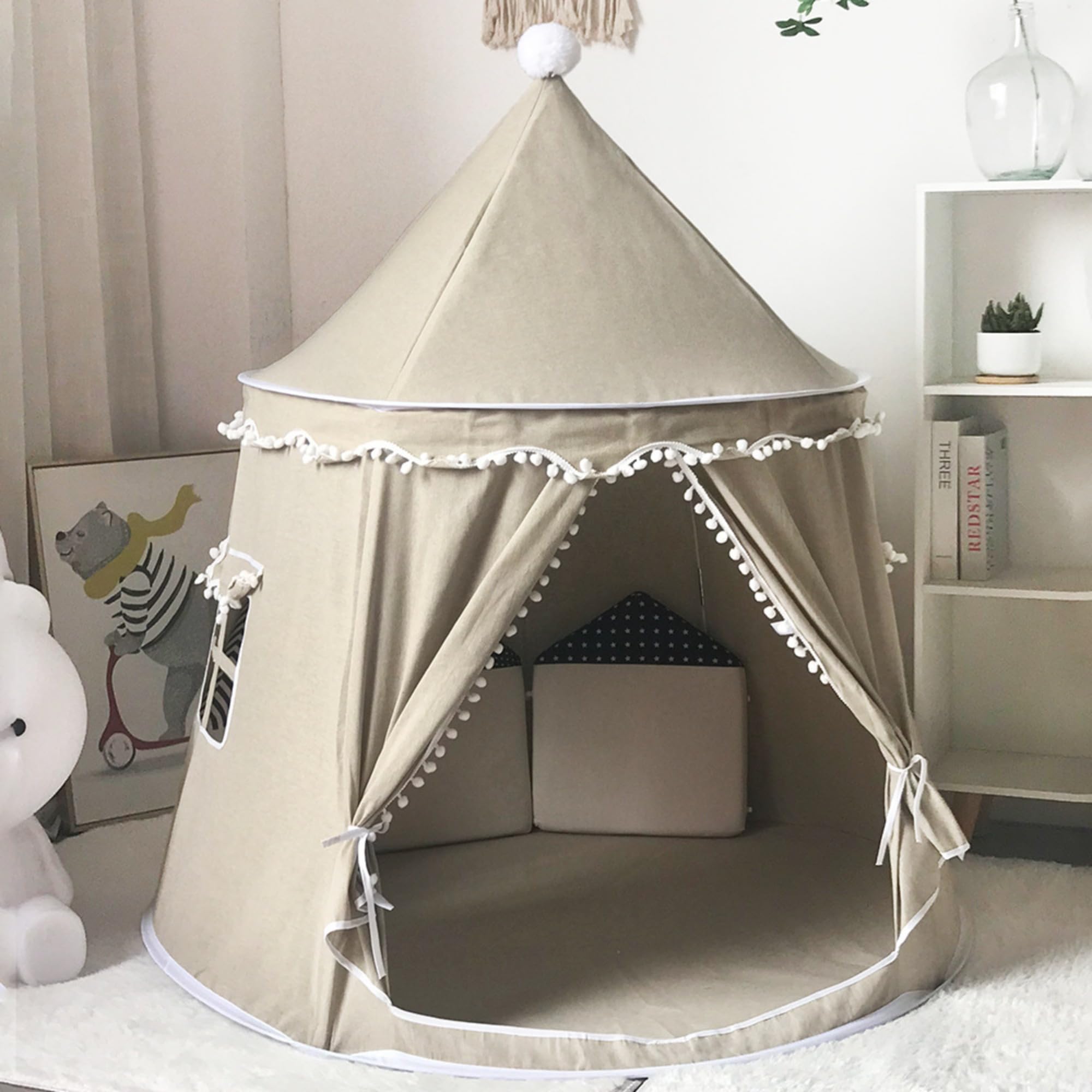 ZBELLO Kids Play Tent, 51x43 inch Kids Tent Indoor, Cotton Linen Prince Princess Castle, Children Gift for Game Party Birthday (Dark Beige)