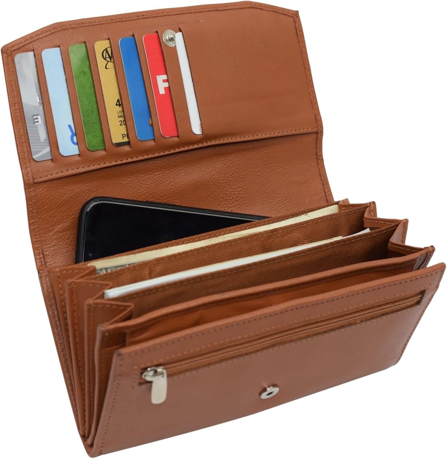 MARSHAL Womens Large Capacity Genuine Leather RFID Blocking Cellphone Clutch Wallet Accordion Card Holder Organizer Purse (Tan)