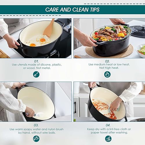 Miniatura 7 de vancasso Horno holandés ovalado de hierro fundido esmaltado, 9.3 cuartos de galón con revestimiento de esmalte antiadherente para hornear pan, olla