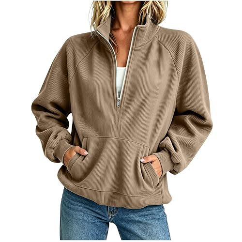 Womens Sweatshirt Corduroy Half Zip Mock Neck Long Sleeve Sweater