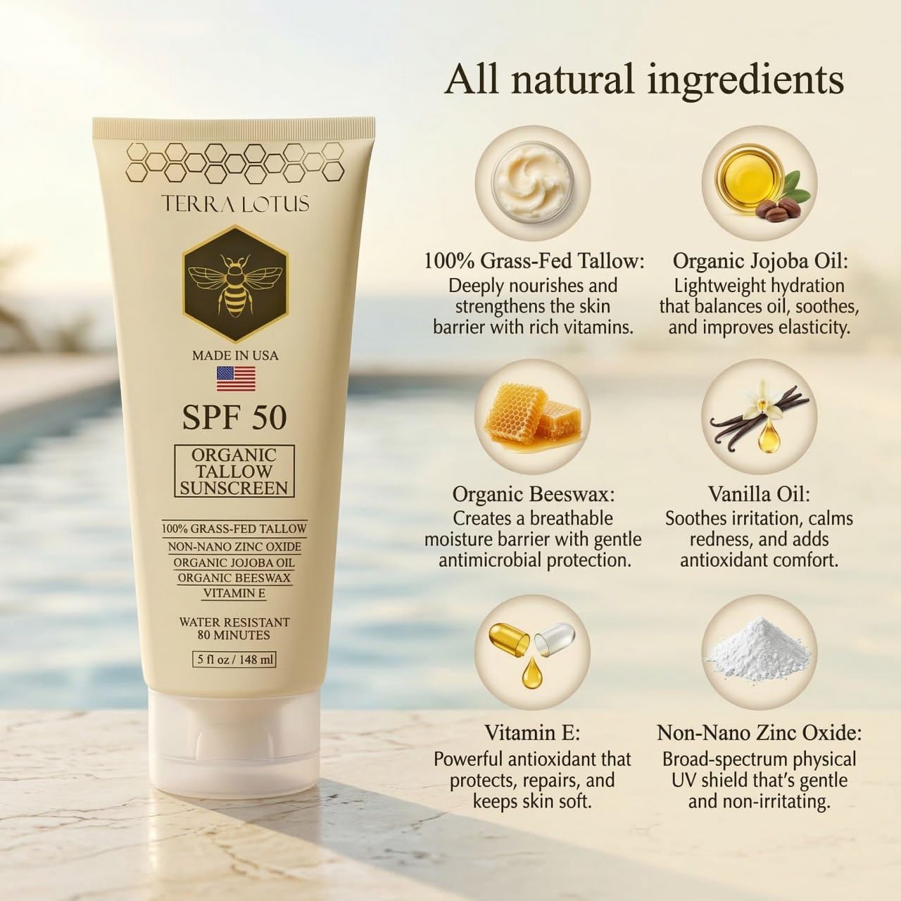 Organic Tallow Sunscreen - 50 SPF - For Face and Body - With 100% Grass-Fed Tallow and Non-Nano Zinc Oxide Reef Safe - (5 Oz)