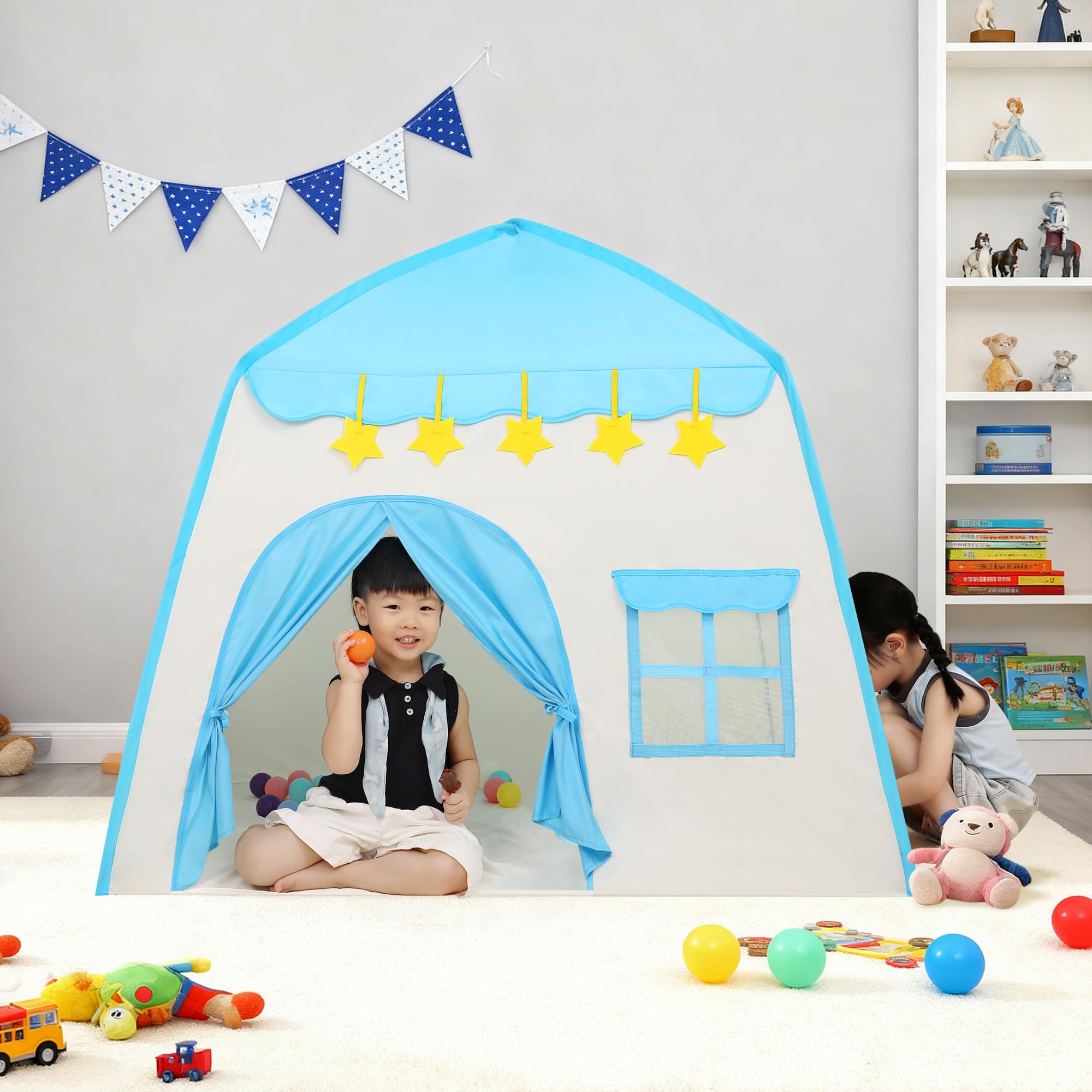 Tienda de campaña de tela Oxford 210D para niños, incluye luces de estrellas y estuche de transporte, castillo interior para niños, niños pequeños, 39 pulgadas de profundidad x 51 2