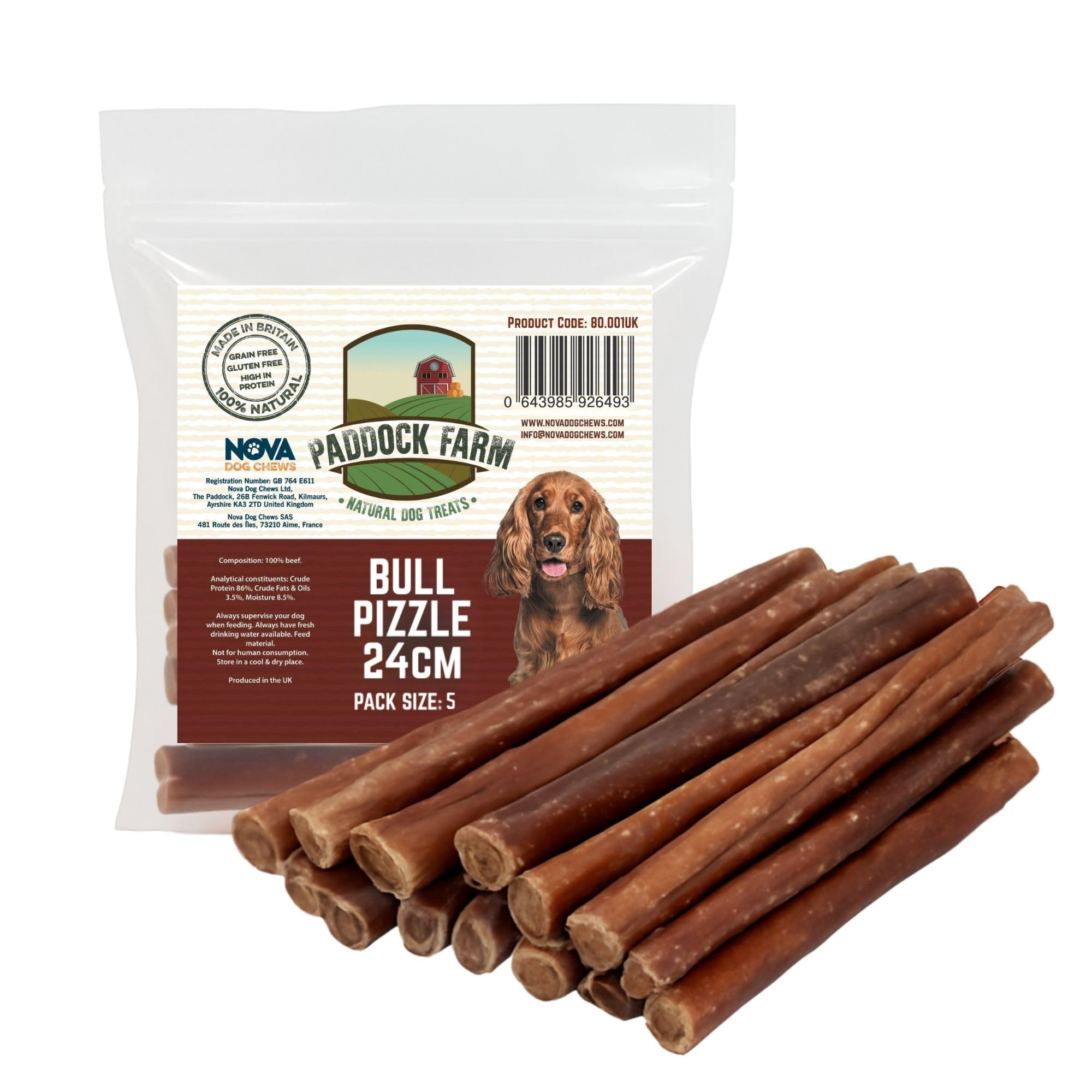 Nova Dog Chews Bull Pizzle 24cm Extra Long (5 Pack) | Long Lasting Dog Chews for Large Dogs & Heavy Chewers - 100% Natural British Beef Bully Sticks - Grain-Free, Rawhide Free