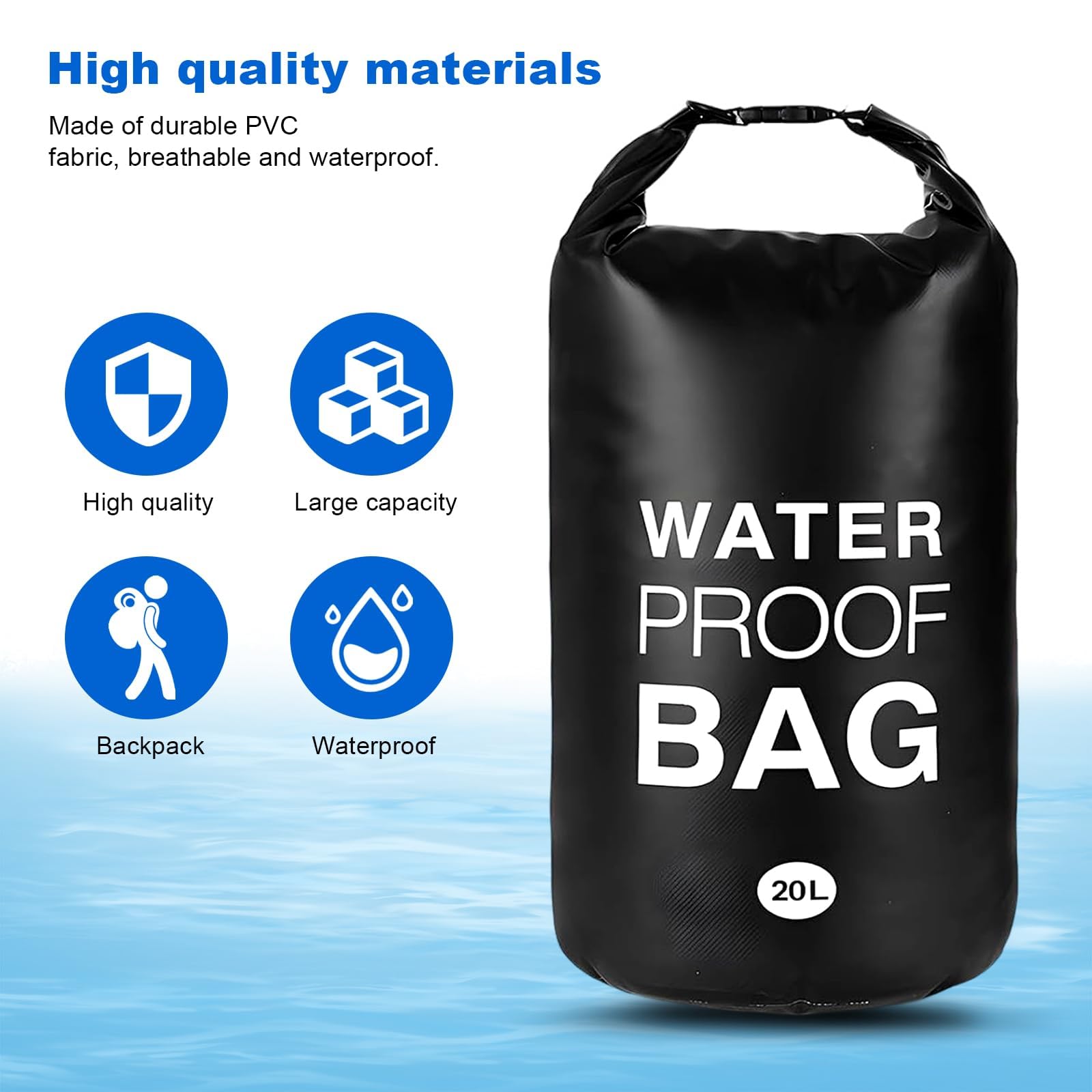 Zaino Impermeabile 20L, Sacca Impermeabile PVC con Tasca Phone, per Sport Acquatici, Nuoto, Barca - Borsas Impermeabile Mare