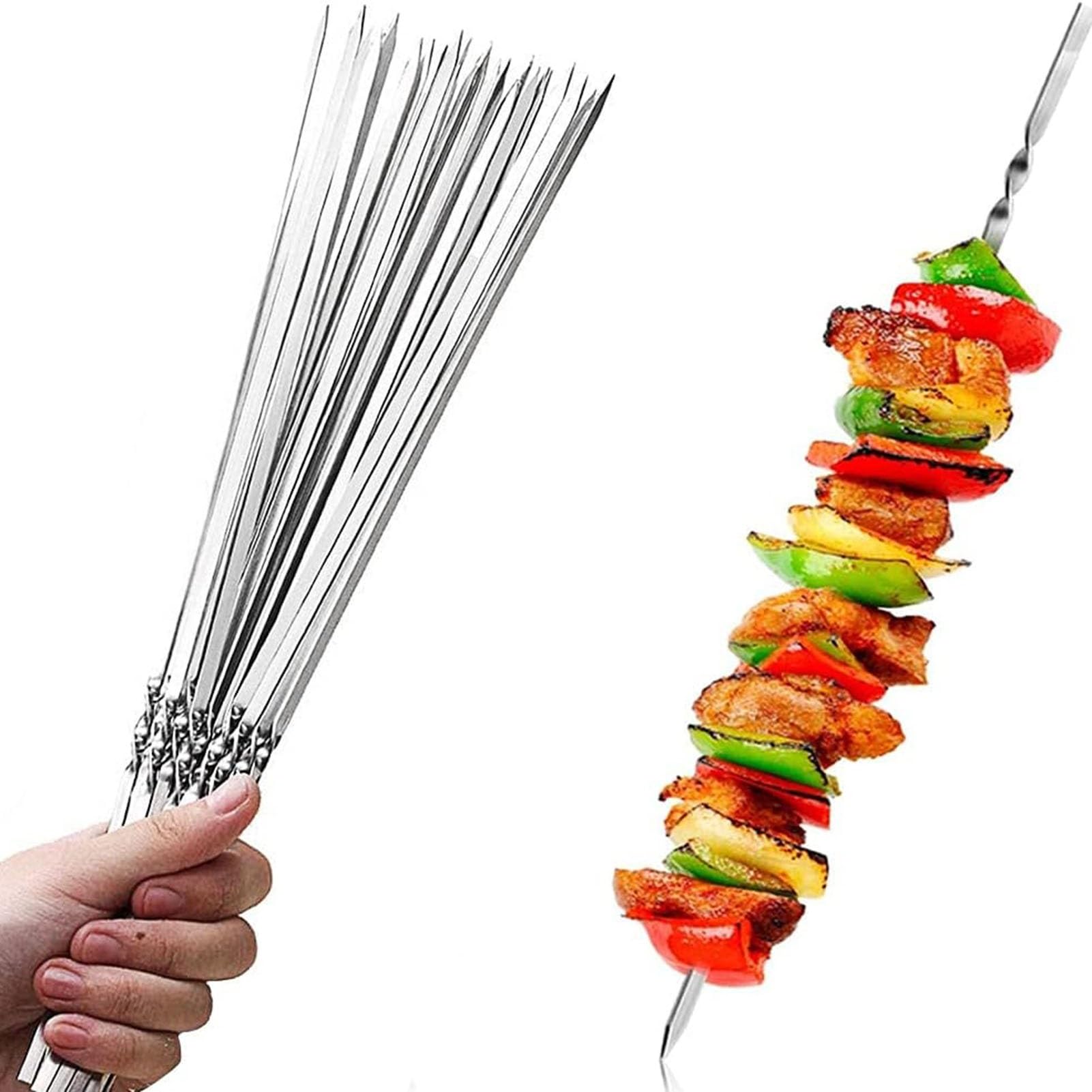 GTHTUHFD 10-100 Pcs Grill Skewers, Reusable, Stainless Steel Kabob Skewers, Anti-Slip, For Fruit, Barbecue, Yakitori Chicken, Fondue,50-35cm