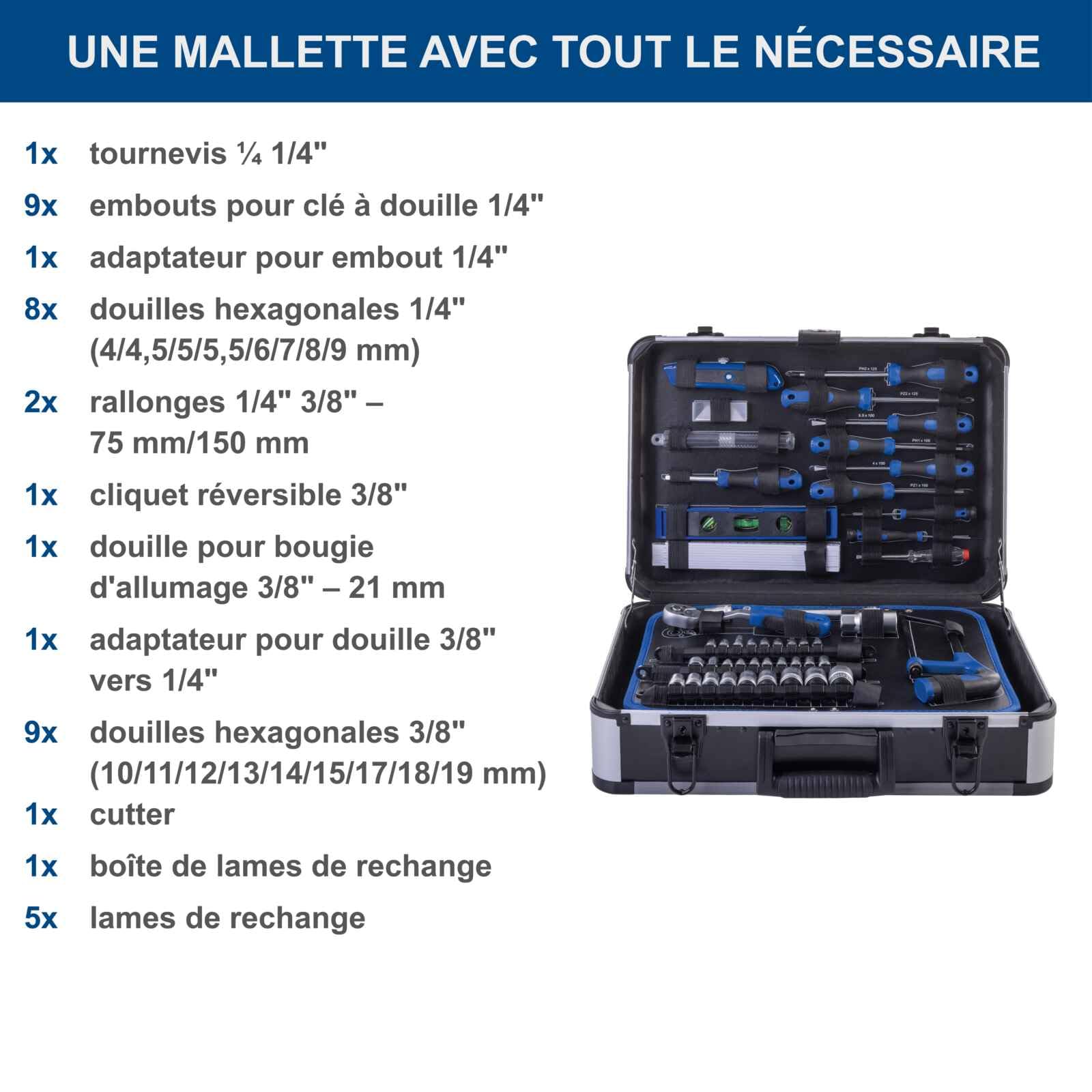 Scheppach Mallette à outils TB225 – Valise à outils – Coffret outils – Boîte à outils – Caisse à outils - Boîte de rangement - 235 pièces – En chrome vanadium - Idéal pour l'atelier