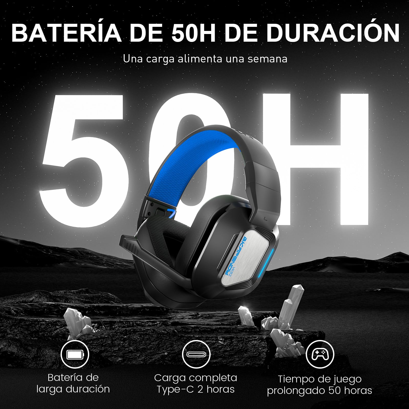 VK82 Cascos Gaming Inalambricos con Micrófono Reducción De Ruido, Cascos Wireless de 2.4G & Bluetooth 5.4, Auriculares Gaming con Luces LED para Ps5, Ps4, PC, Switch (Negro Azul)