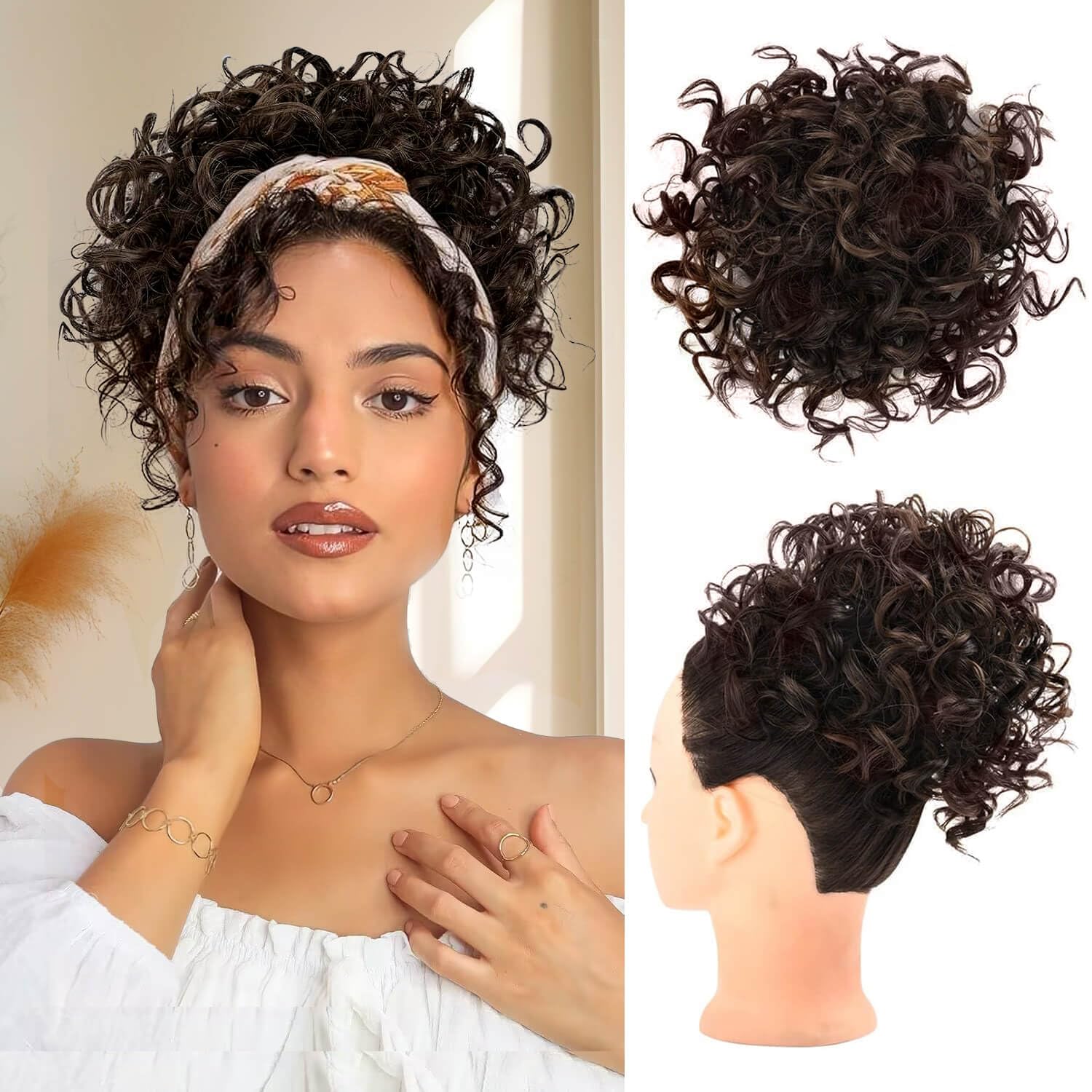 Flyroseing Elastic Drawstring Messy Bun Hair Piece, Short Curly Hair Extensions