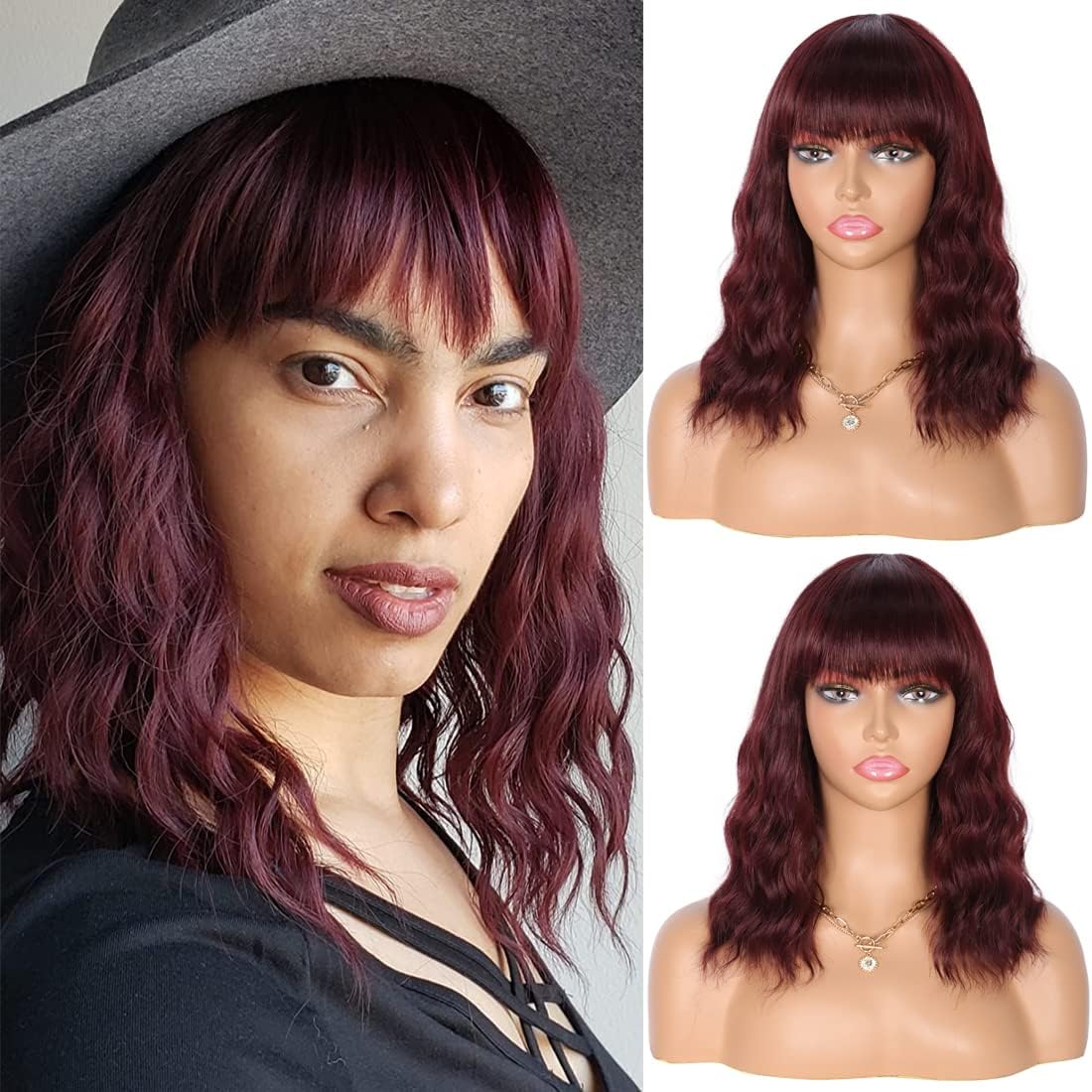 Kalyss Short Synthetic 99J Burgundy Wig with Hair Bangs Short Wavy Curly Wig for Women -Natural Looking and Heat Resistant Full Head Hair Replacement Wig for Daily Wear or Costume Wig