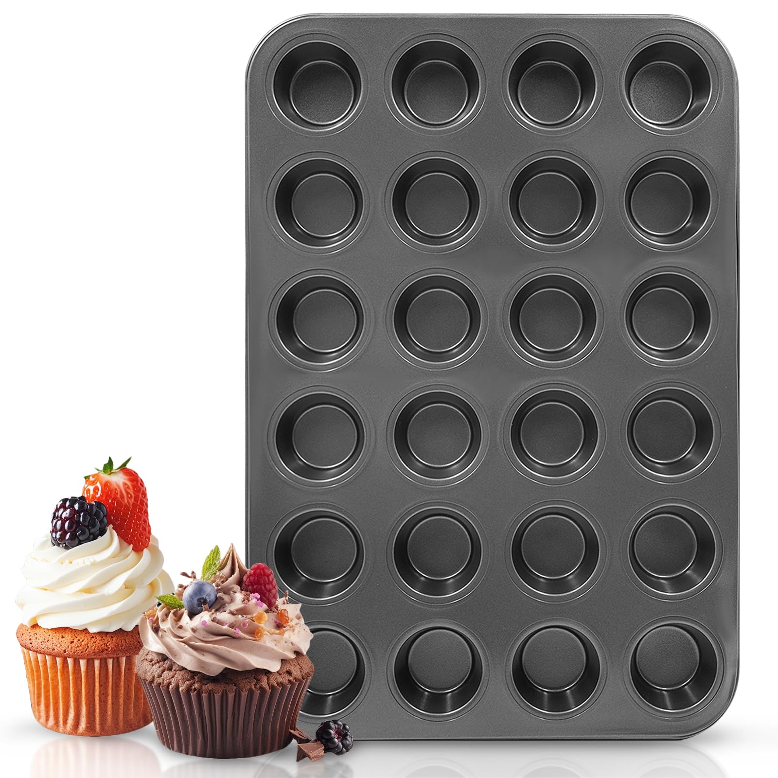 OVBOVA 24-Cup Mini Muffin Tray, Black Carbon Steel Non-Stick Muffin Tin for Muffins, Cupcakes & Yorkshire Puddings, Ideal for Home Baking, Party, Family Gatherings, 1-Piece Set (37.5x25.5cm)