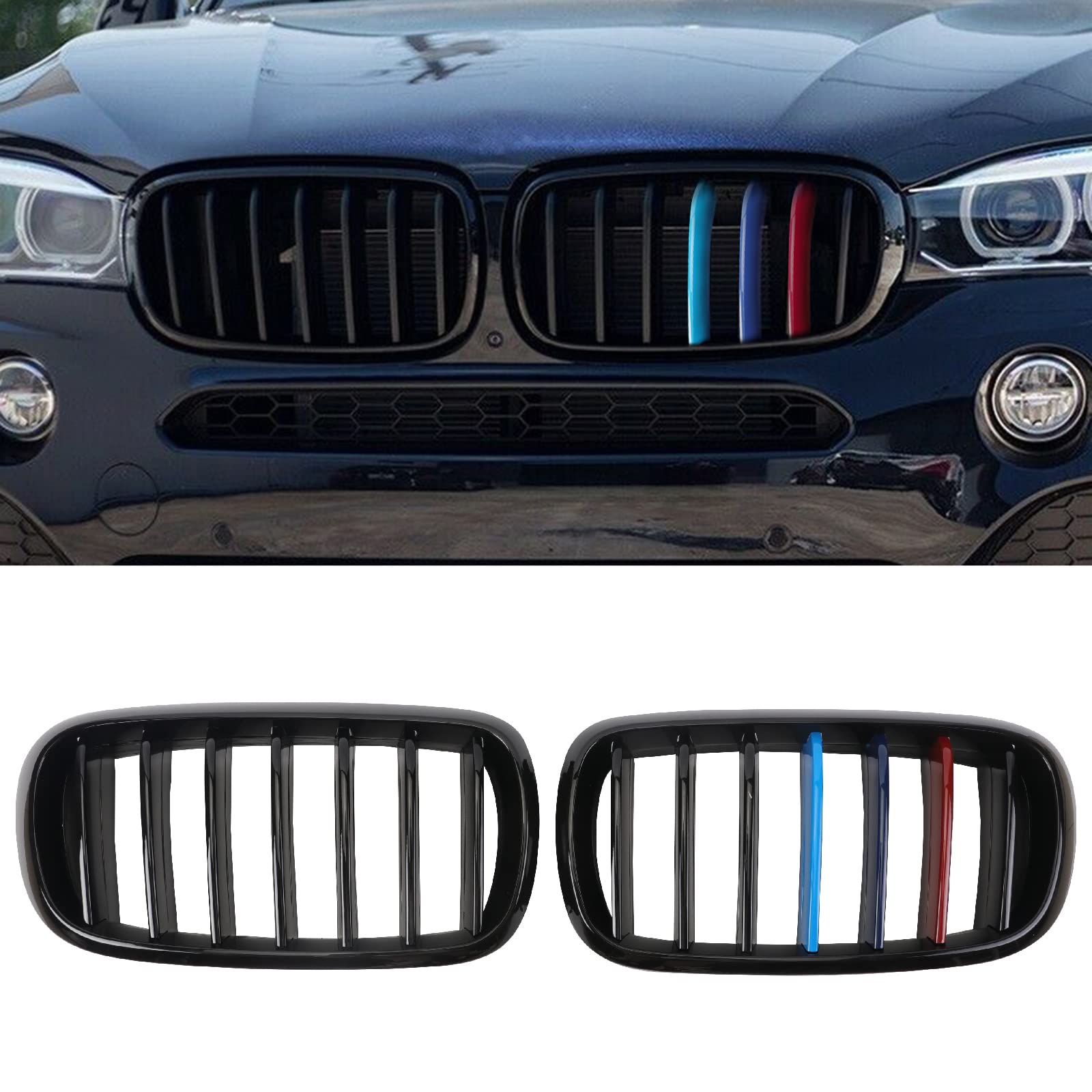 Grill M Color Grille Compatible with 2014-2018 X5 F15 X6 F16（ABS Gloss Black Kidney Grill，Single Slats）