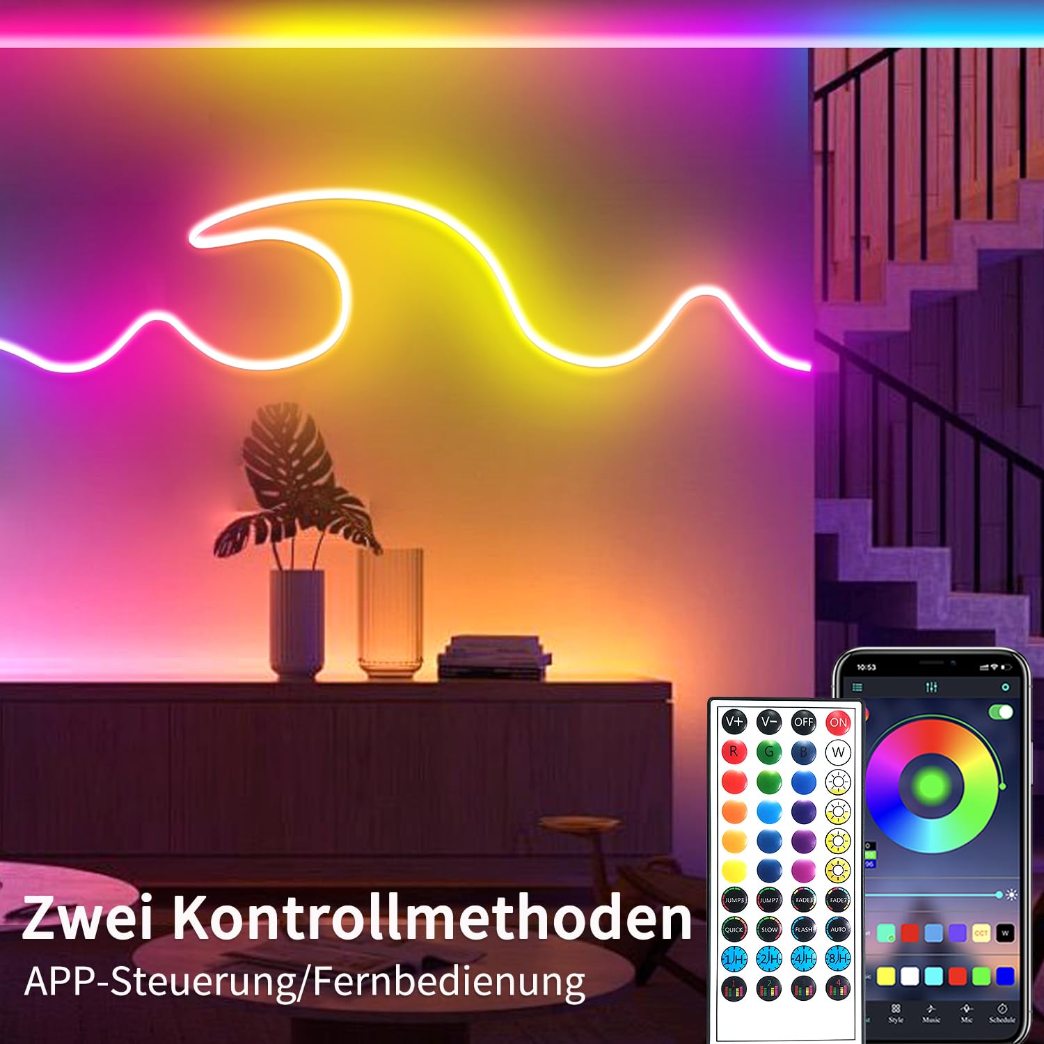segrass 15M LED Neon Cuerda Control con App/Mando a distancia | Tira de cuerda LED flexible, varios modos, IP65 para exteriores, luces de neón RGB, impermeable, sincronización de música