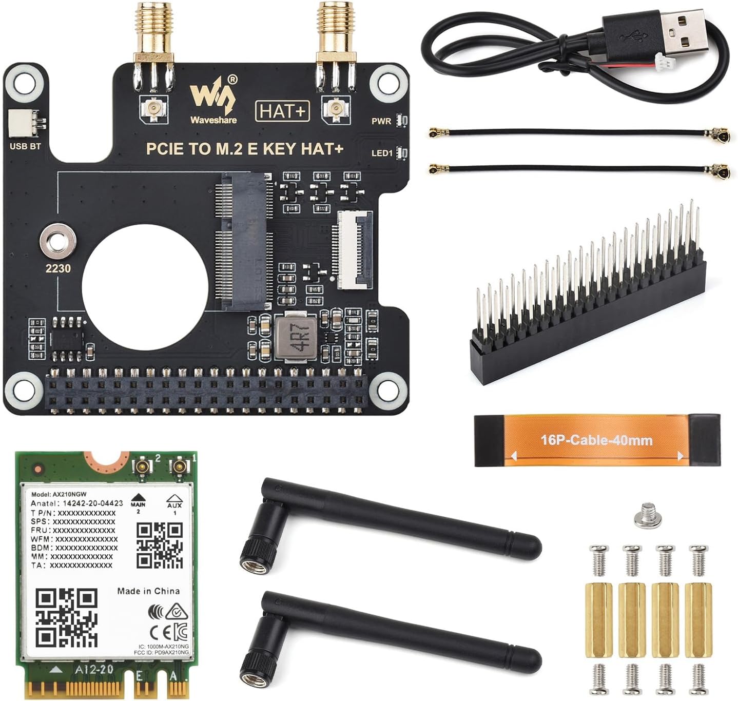Waveshare PCIe to M.2 E Key HAT, Compatible with Raspberry Pi 5, Support Various NGFF (M.2 E Key) Wireless NIC, Supports USB Bluetooth Connection and HAT+ Standard, Includes Wireless-AX210