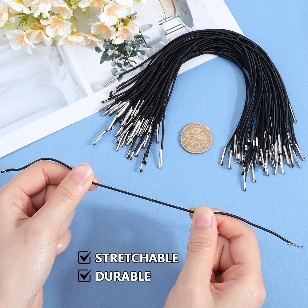 GORGECRAFT 100Pcs 10" Long Black Elastic Barbed Cords Stretch Loop Bands with Metal Ends Fastener Round String Hat Chin Cord Strap for Party DIY Hat Elastic Menus Badges Signs Book Binding