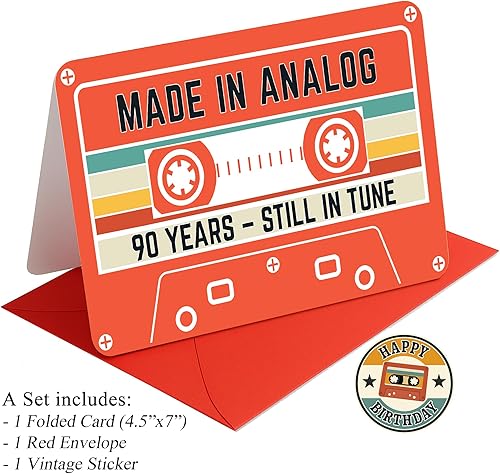 Miniatura 2 de Regalo de 90 cumpleaños  Diseño de cinta de casete retro  Hecho en analógico, todavía en sintonía  Tarjeta de felicitación de 90 años para él o ella