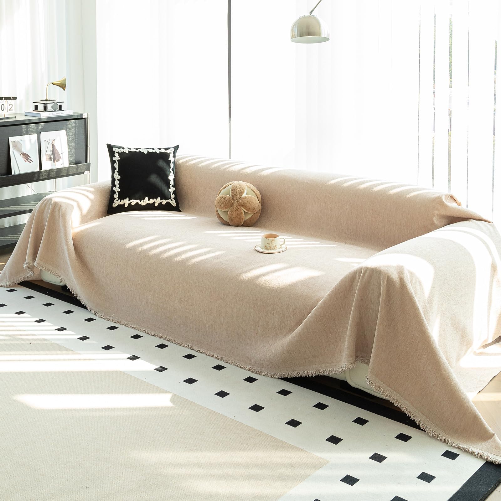 Durable Couch Cover, Sofa Cover Washable, Oversized Couch Cover Pet Friendly, Chenille Sofa Cover for 2-3 Cushions Sofas Solid Color(71"x 134"/Light Browm/1pc)