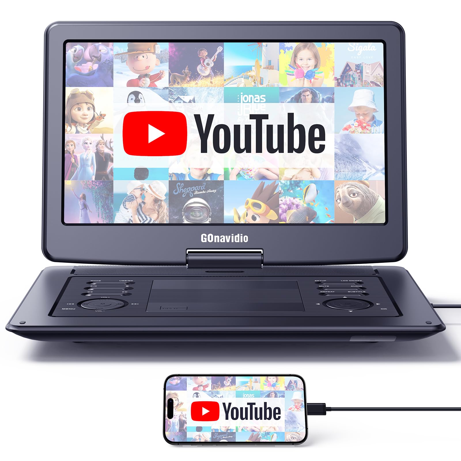 Reproductor de DVD portátil de 17.9 pulgadas con pantalla HD grande de 15.6 pulgadas, batería recargable de 5 horas, compatible con entrada HDMI, sincronización de TV/teléfono, 1600 x 900, tarjeta USB