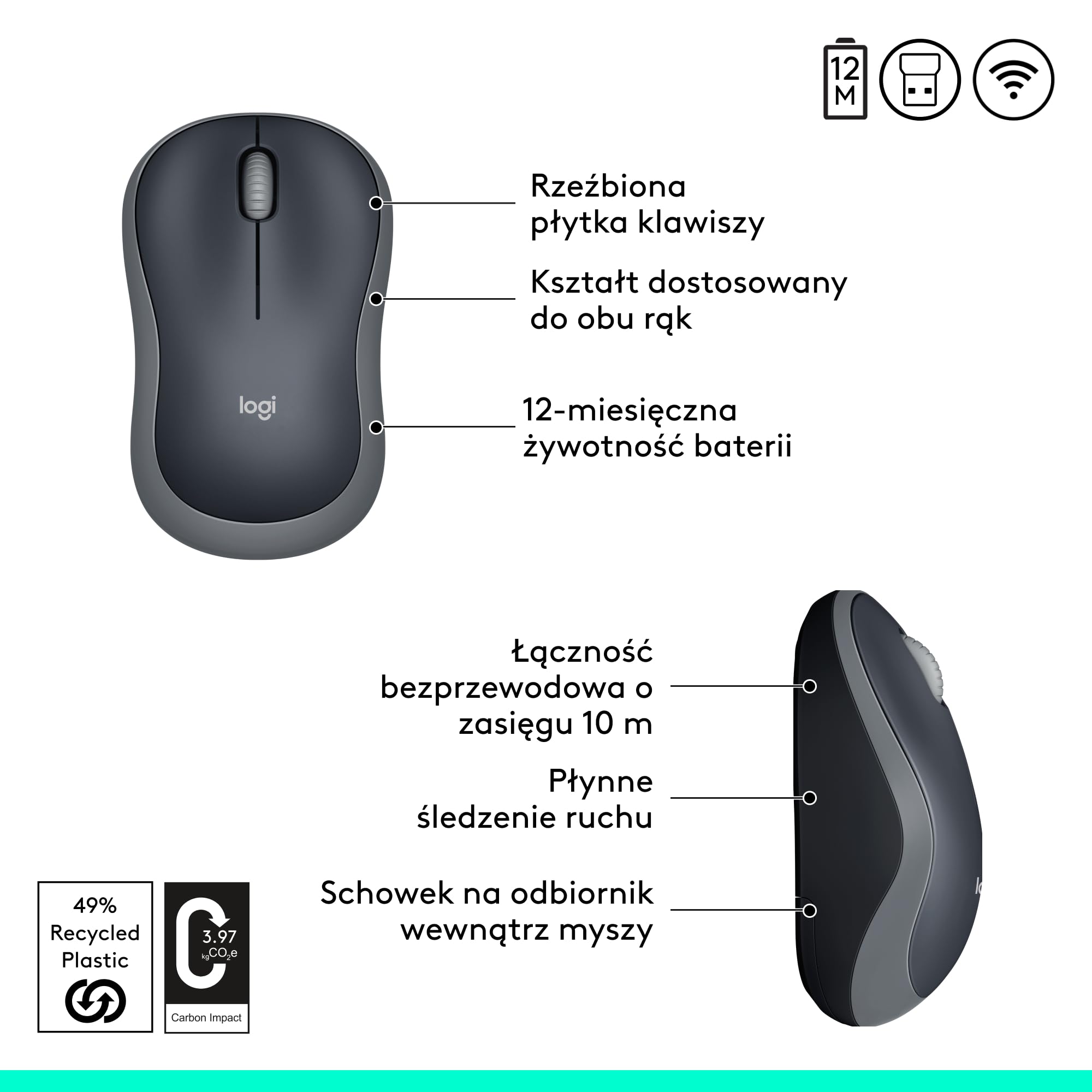 Logitech M185 Mysz bezprzewodowa, 2,4 GHz, odbiornik USB | 12-miesięczna bateria, śledzenie optyczne 1000 DPI, oburęczna, kompatybilna z PC, Mac, laptopem - Szary
