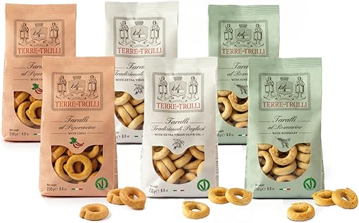 Terre Dei Trulli Taralli Apulian Assorted with Evo Oil, Rosemary and Chilli Pepper – 6 Packs of 250 g | Artisan Taralli for a Great Aperitif | Savoury Snacks for a Genuine Open Snack