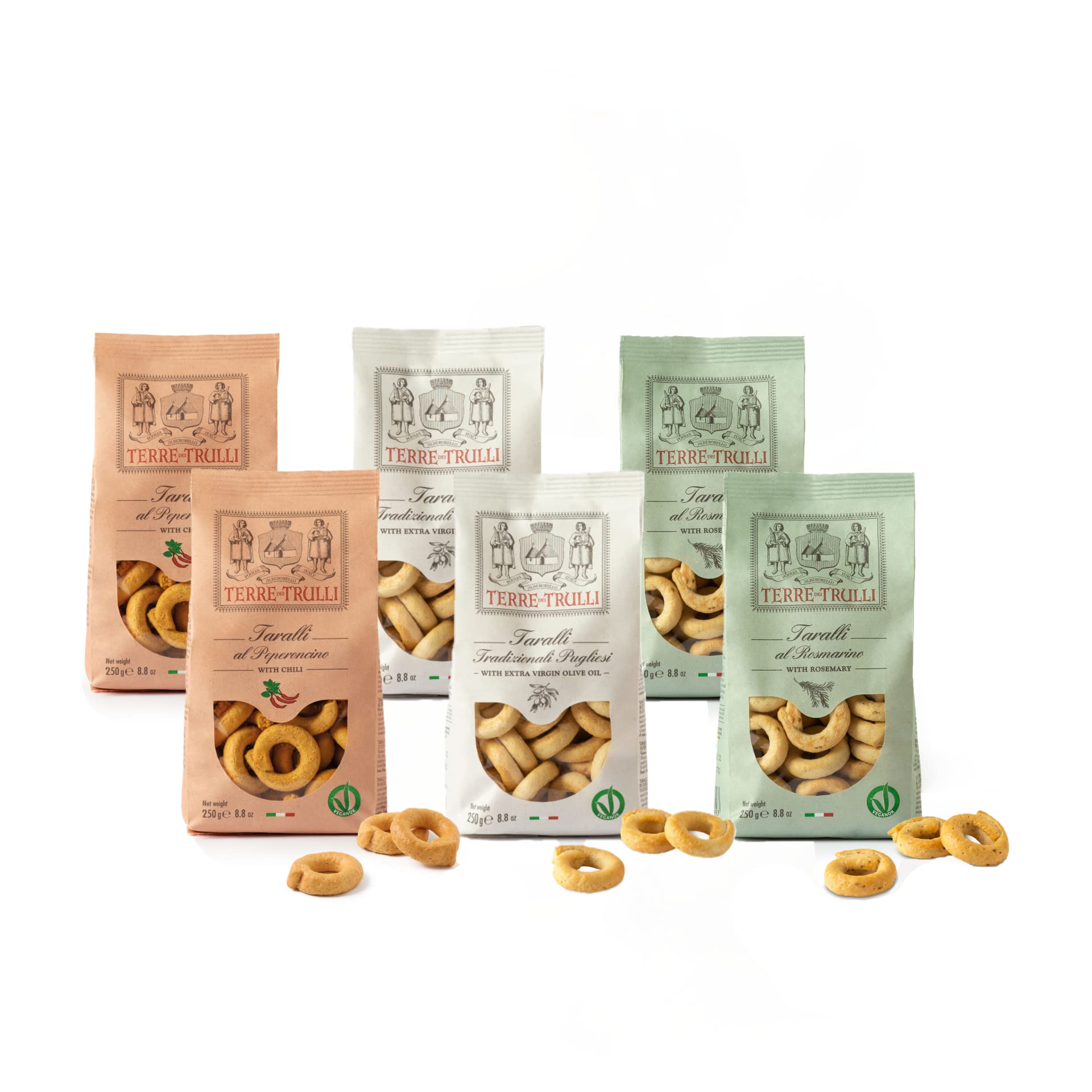 Terre Dei Trulli Taralli Pugliesi Assortiti Con Olio Evo, Al Rosmarino E Al Peperoncino - 6 Confezioni Da 250g | Taralli Artigianali Per Un Ottimo Aperitivo | Snack Salati Per Un Aperi Snack Genuino