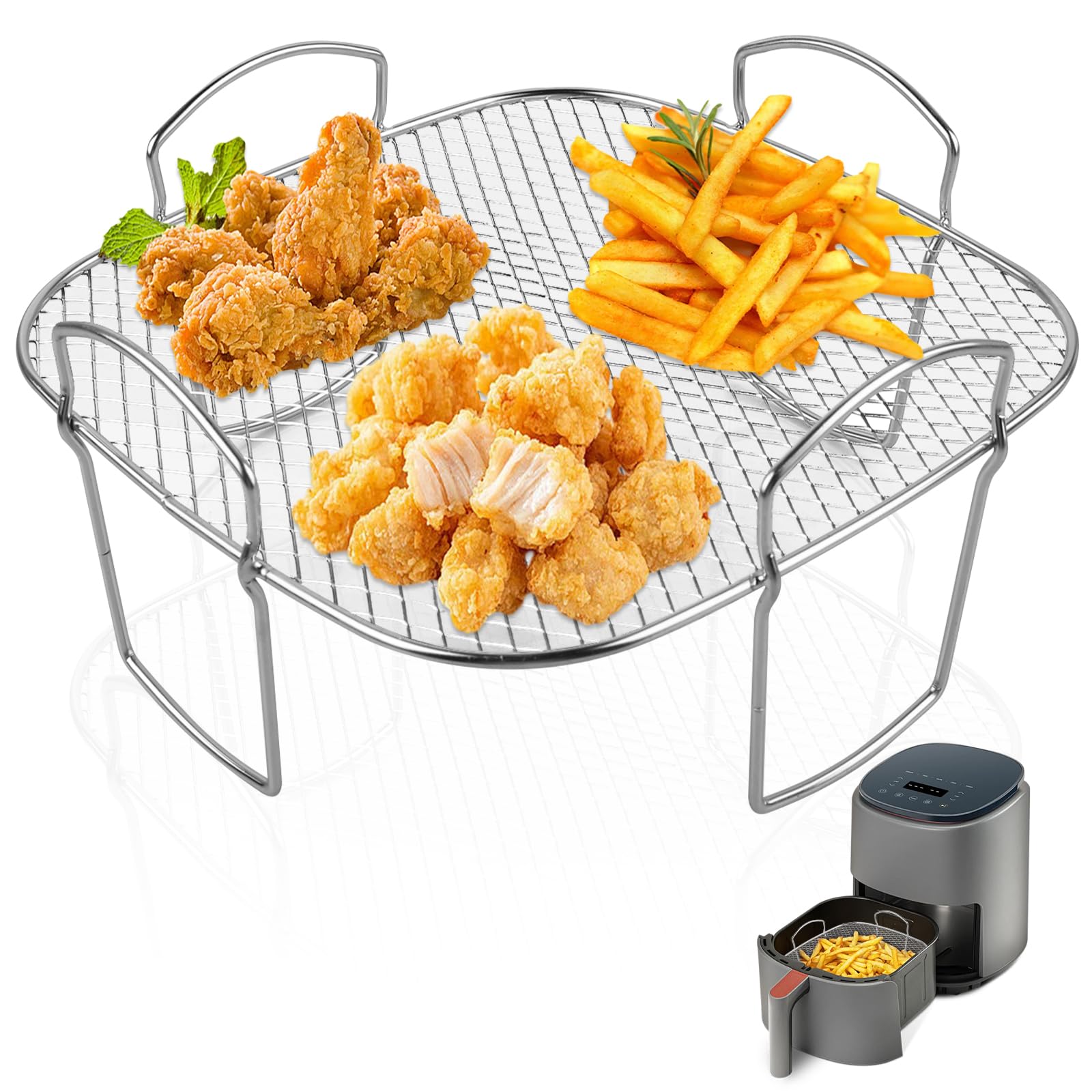Heißluftfritteuse Grillrost, Heißluftfritteuse Zubehör für Cosori Heißluftfritteuse 5,5L XXL/6,4L 304 Edelstahl Quadratisch Air Fryer Rack Kompatibel mit den meisten Air Fryer