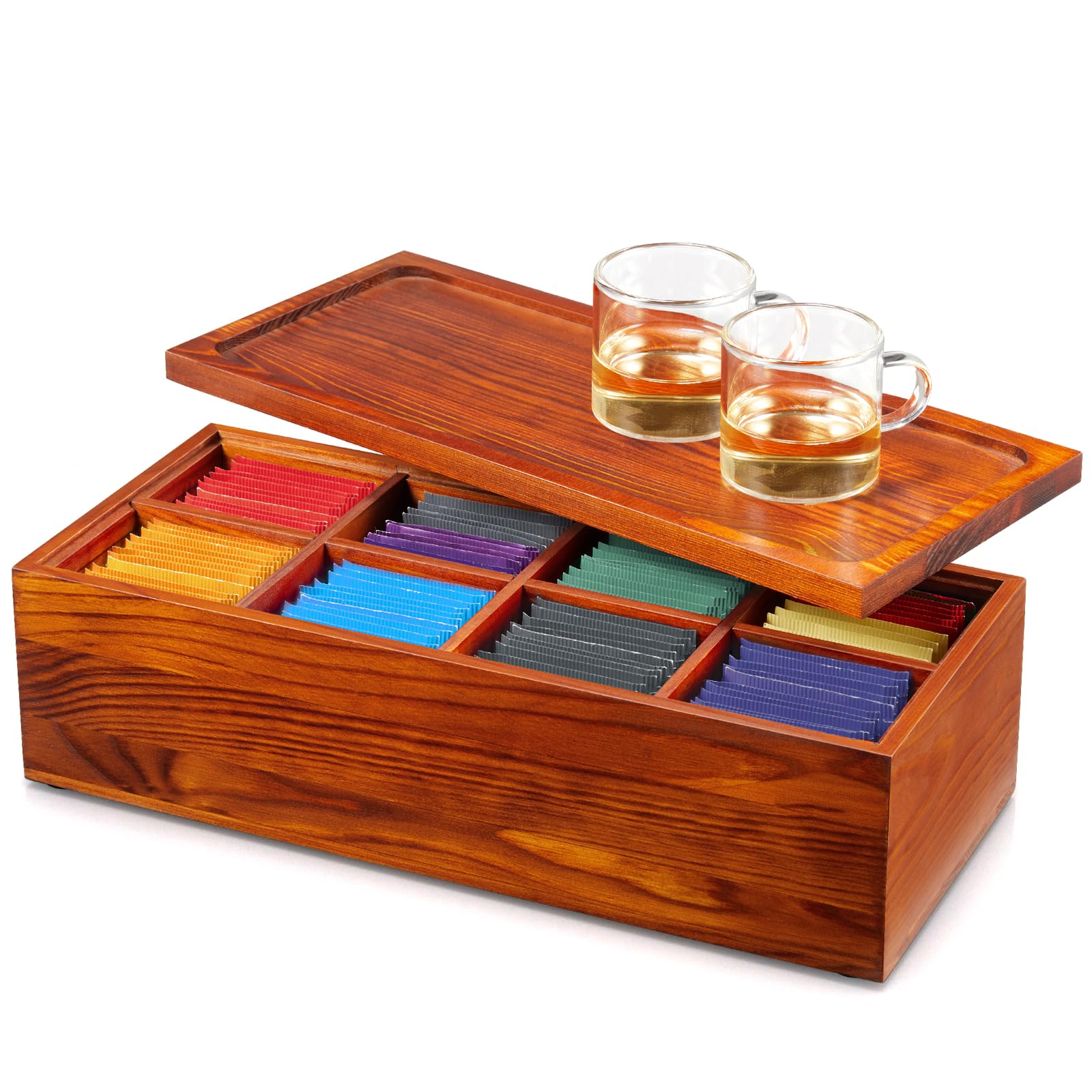 BWODYAY Tea Organizer, Wood Tea Bag Storage Box, Stackable Tea Bag Holder with Lid for Countertop, Tea Storage Caddy for Tea Station Coffee Bar, Brown