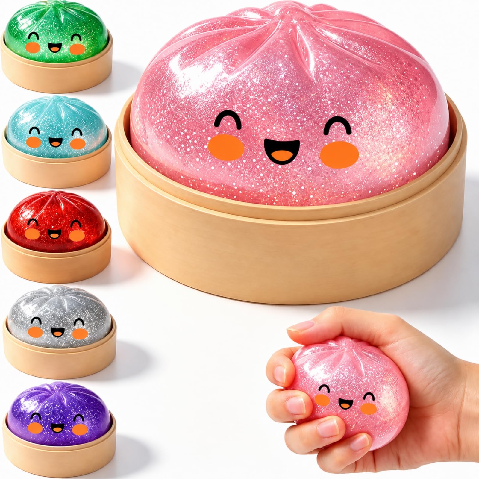 Dumpling Squishy, Soft Pink Glitter Finish, Realistic Dumpling Form with Mini Steamer, Tactile Stress Relief Accessory for Daily Comfort & Tabletop Styling