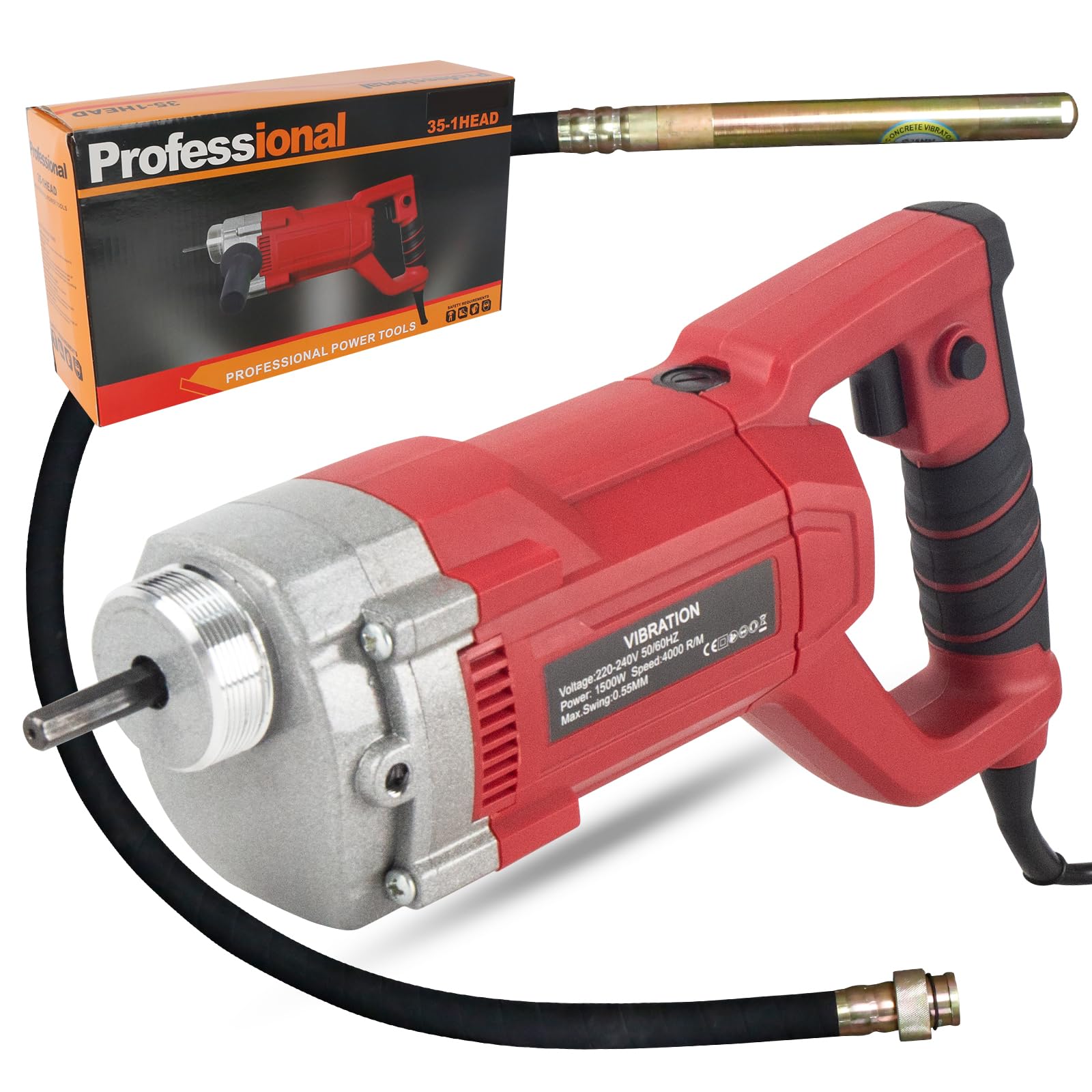 Concrete Vibrator, 1500W Handheld Concrete Vibrating Tool, 4500rpm Electric Commercial Bottle Vibrator, with 2m Hose and 35mm Diameter Flexible Shaft, for Mixing & Compacting Building Concrete