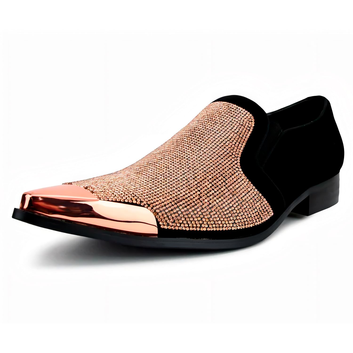 Bolano x Amali Men's Dress Loafers with Rhinestones, Slip-On, Tuxedo Loafer Shoes for Men, Pointed Toe with Metal Tip, Size Up