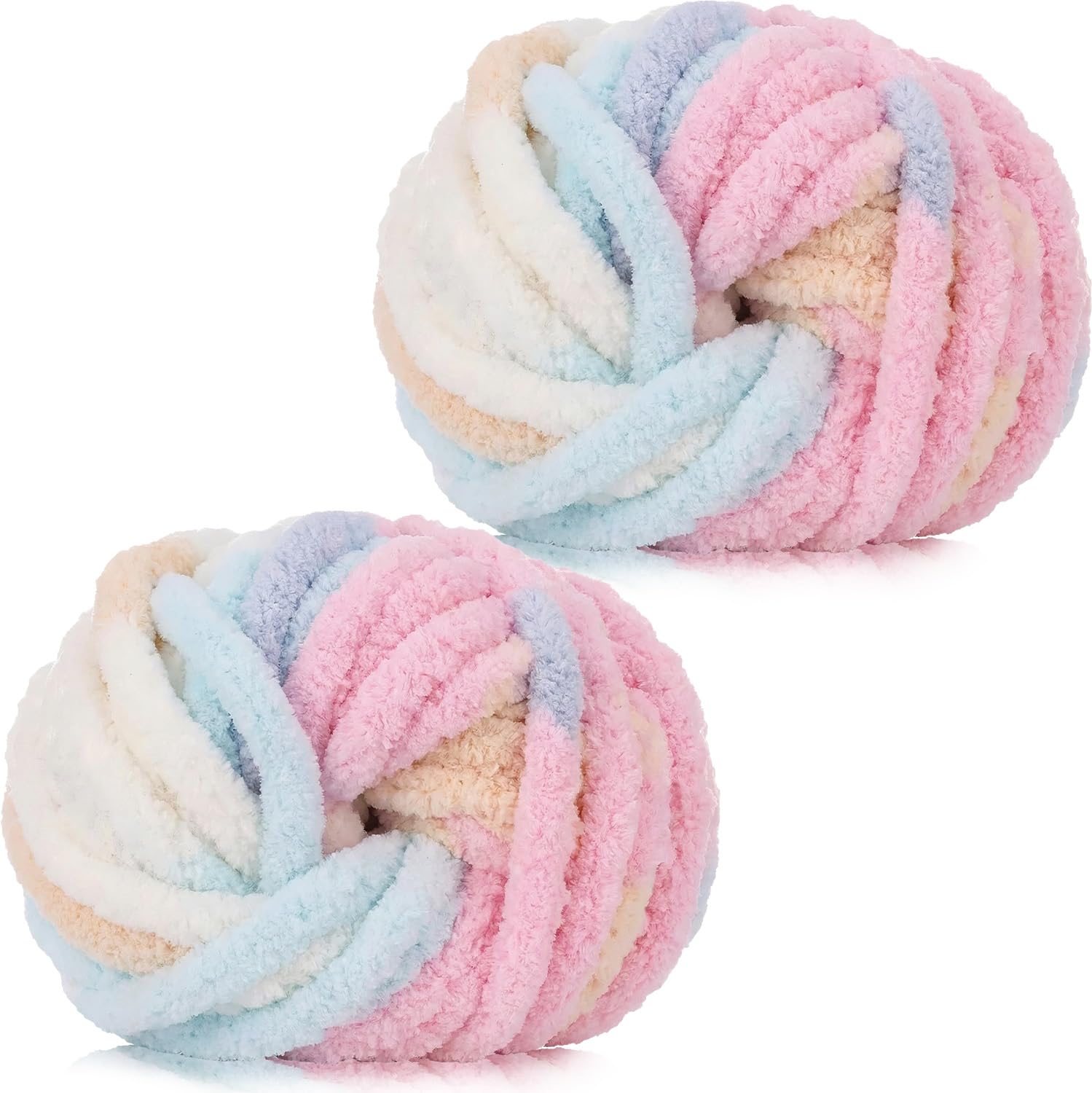 Xtrillogen Chunky Crochet Yarn 2×250g Thick Soft Fluffy Chenille Yarn,Multicolored Knitting Chunky Wool,Super Chunky Yarn for Crocheting Blankets,Hats,Cushions&Bags (Marshmallow)