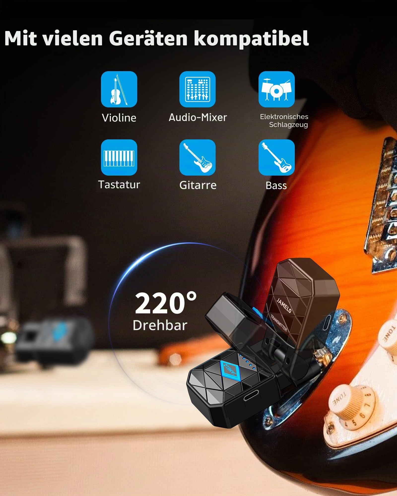 JAMELO Kabelloses Gitarrensystem mit Ladekoffer, Gitarrensender Empfänger geringer Latenz <5 ms, 15 Std. Laufzeit，wiederaufladbares Gitarren Klinkenkabel, 4 Kanäle für Gitarre Bass（WS-200）