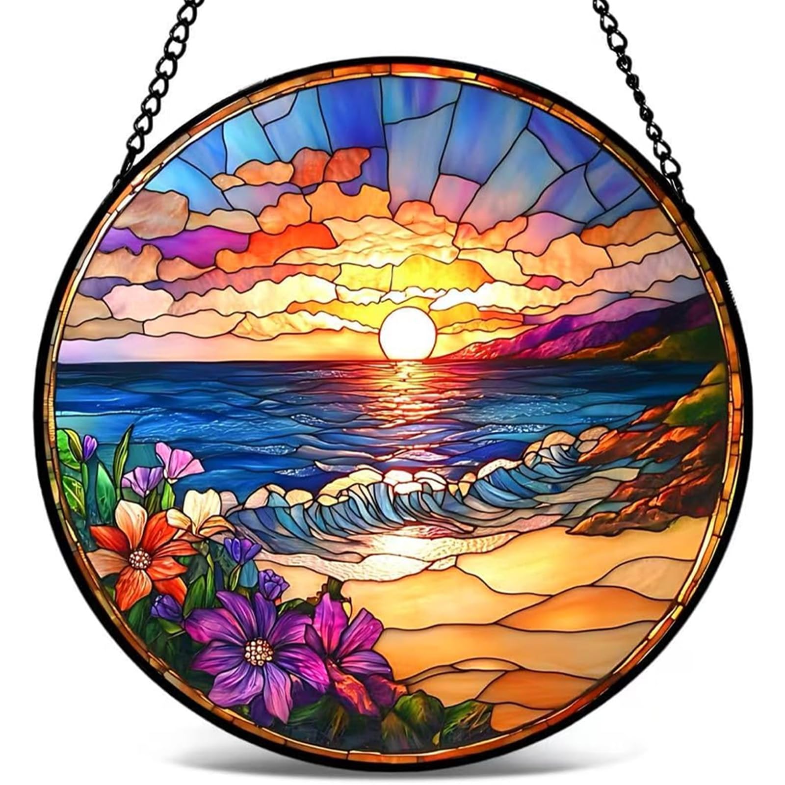 Stained Glass Window Hanging,16cm Sunset Beach Waves Sun Catchers Glass Panel Landscape Light House Suncatcher for Home Garden Window Decor,Lighthouse Gifts for Men,Women