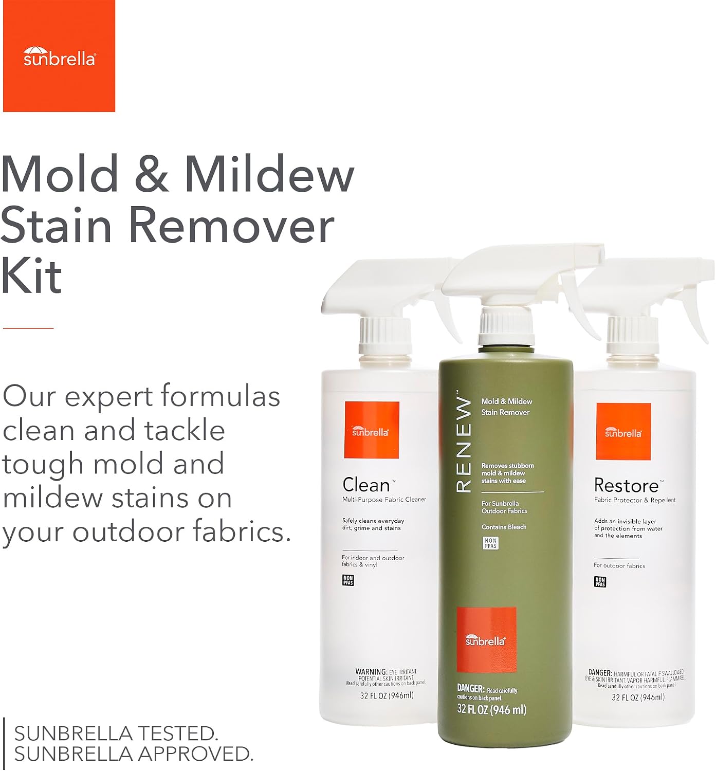 Sunbrella Stain Remover Kit | Clean, Renew & Restore 3 Pack | Restores Water Repellency | For Patio Cushions, Boat Covers & Outdoor Fabrics | 32 fl oz each