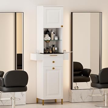 Salon Stations for Hair Stylist, Barber Station Hair Styling Salon Station, Beauty Salon Furniture with 2 Drawers, Glass Shelf, 2 Storage Cabinet & 6 Hair Dryer Holders for Salon