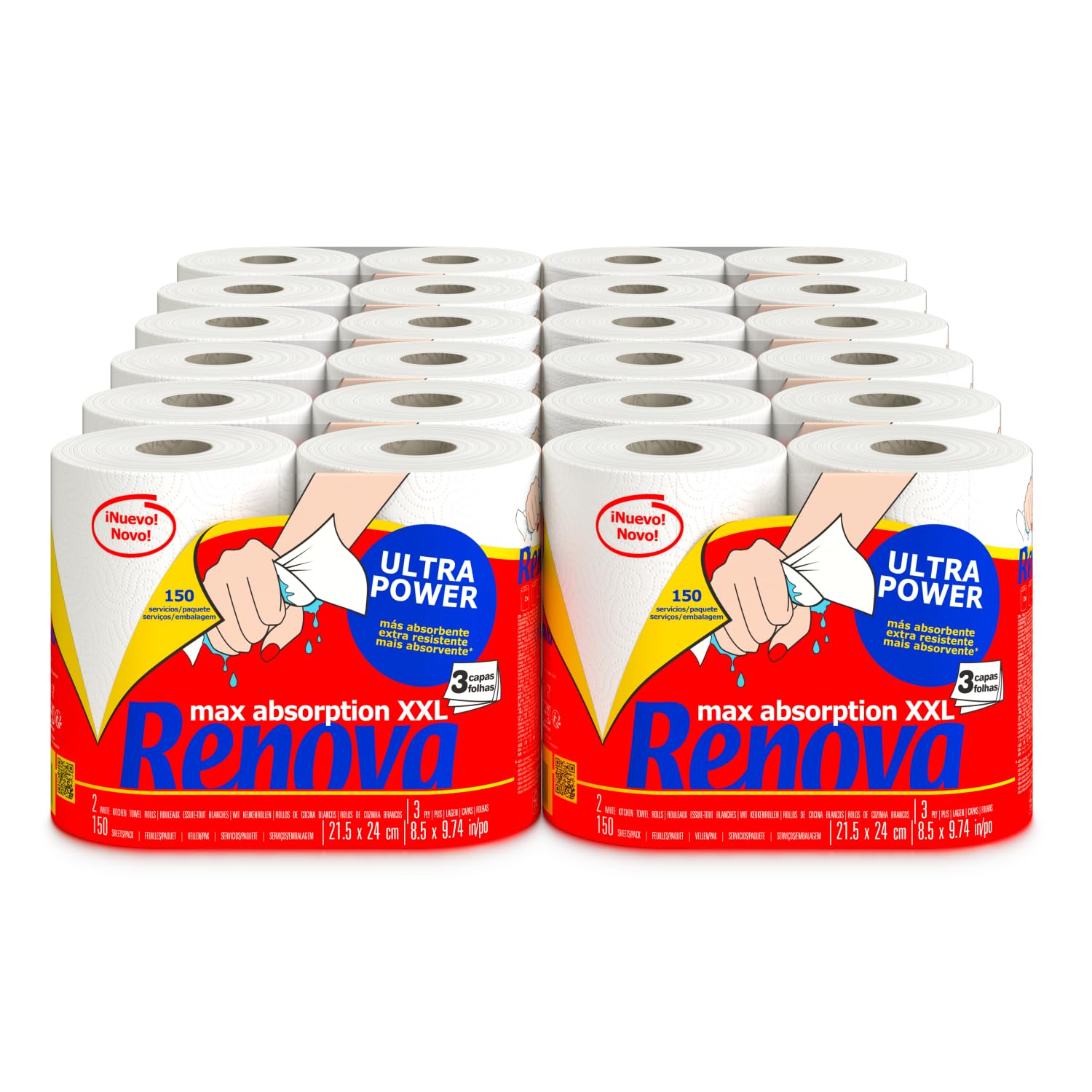 Renova Rollos de Cocina Renova UltraPower, 24 rollos XXL equivalentes a 60 rollos estándar, 3 capas absorbentes y con óptima resistencia, Papel Certificado FSC