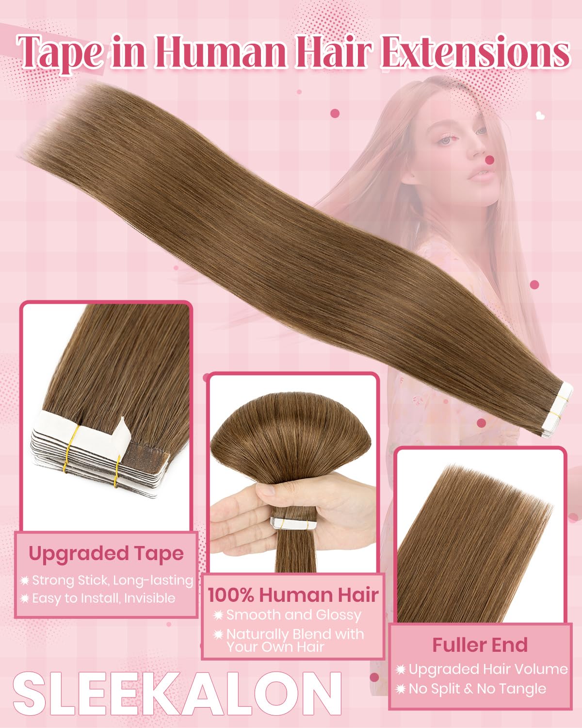 SLEEKALON Invisible Tape in Hair Extensions Real Human Hair 20 Pcs Thinned Version #4 Medium Brown - Image 4