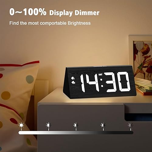 Miniatura 3 de fomobest Reloj despertador digital de madera, 0-100% atenuador, doble configuración de alarma, modo día laboraldiario, repetición de 9 minutos, 1224