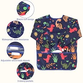 BAHABY Kids Art Smocks 2 Pack Dinosaur Painting Aprons for Children Waterproof Artist Smock with Long Sleeve and 3 Pockets for Age 3-8 Years