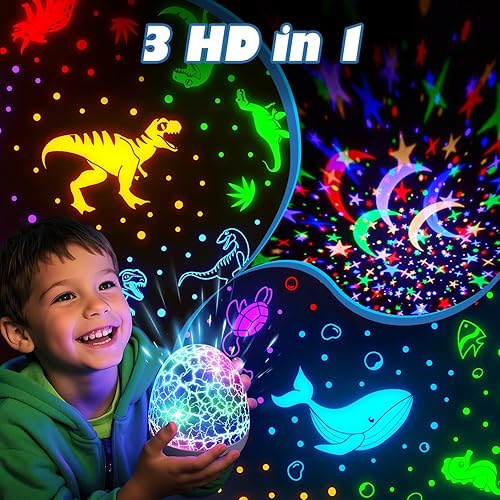 Miniatura 4 de PIKOY Juguetes de dinosaurio para niños de 3 a 8 años, proyector de luz nocturna, huevos de dinosaurio  15 sonidos y películas 3D  31 colores y